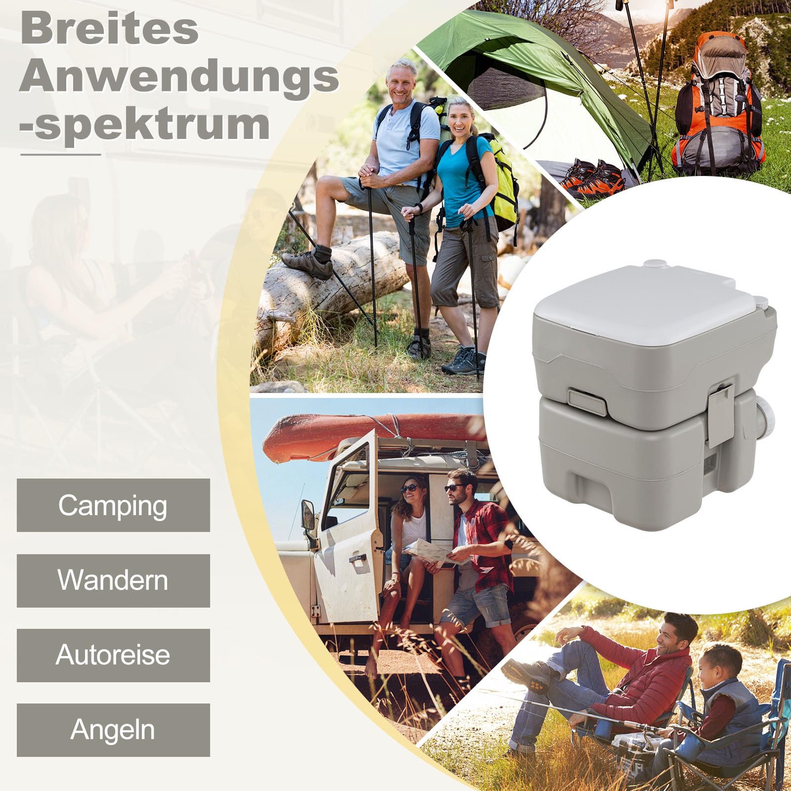 GOPLUS Campingtoilette, tragbares Campingklo mit T-förmigem Wasserspülsystem & ausziehbarem Trichter, Camping WC bis 200kg belastbar, Trockentoilette mit Dichtungsventil, für Camping, Angeln & Wandern