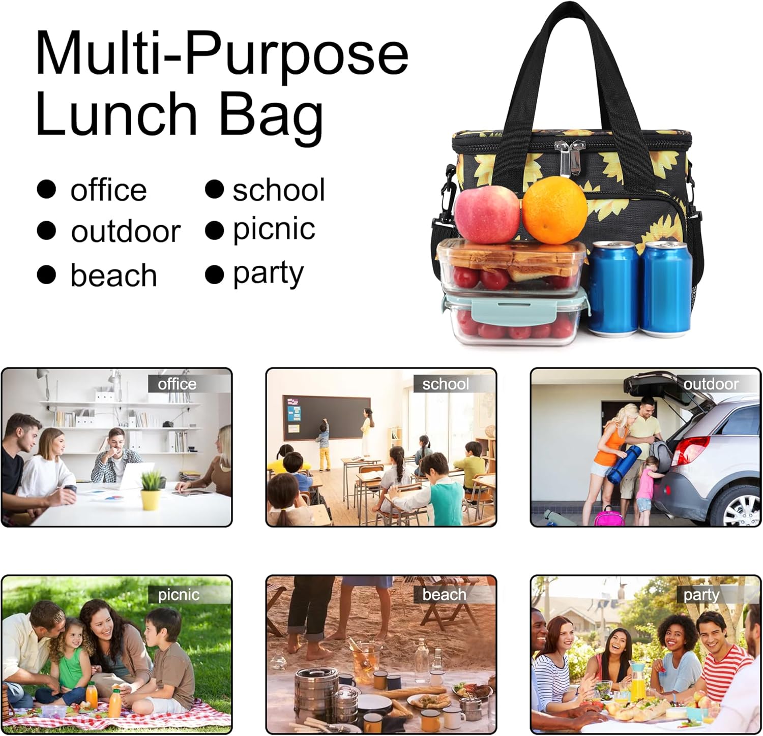 Femuar Lunch Bags for Women/Men, Insulated Lunch Bag for Work Office - Lunch Cooler Bag Leakproof Lunch Box with Adjustable Shoulder Strap - Sunflower - Image 7