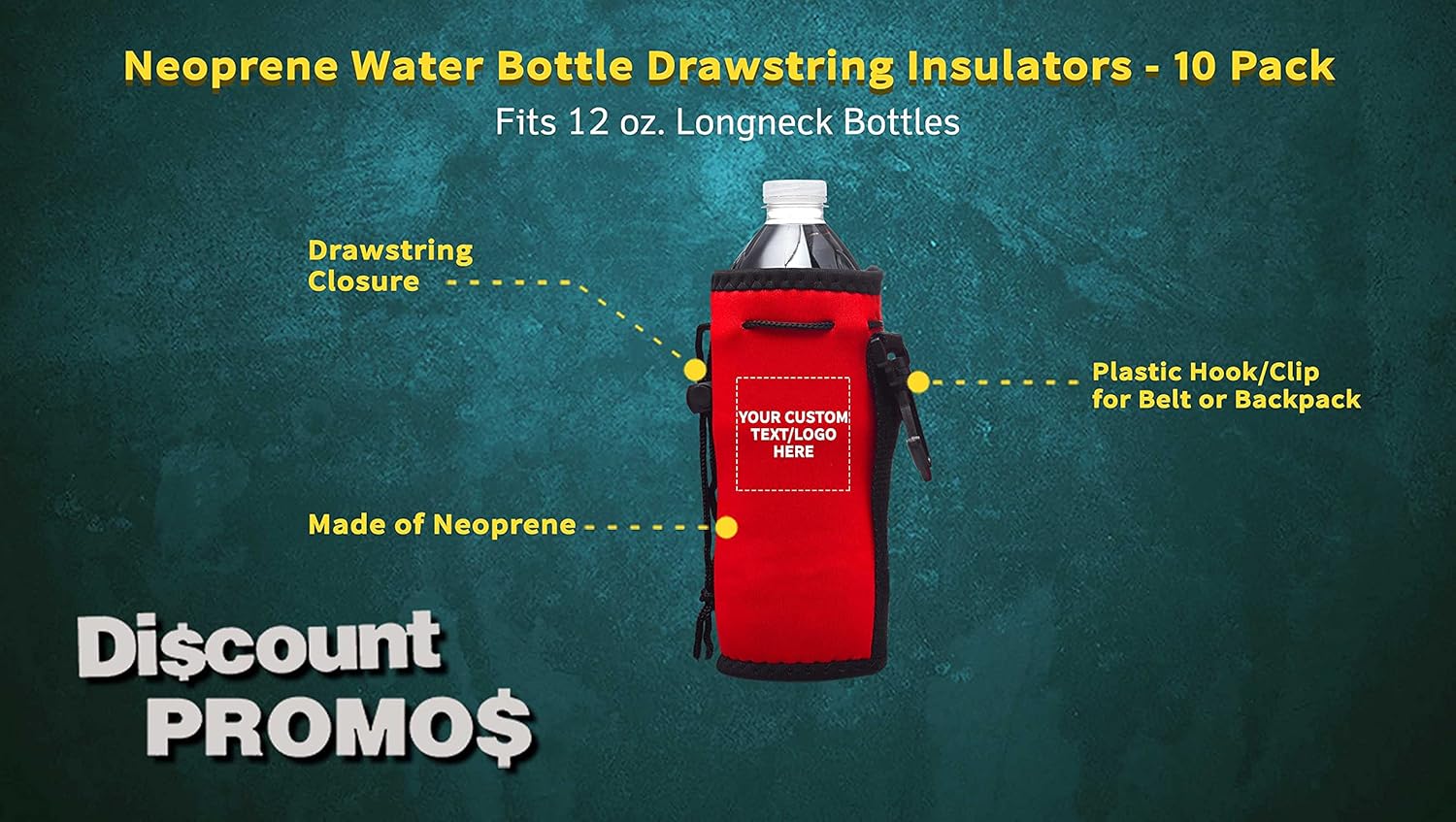 10 Neoprene Water Bottle Drawstring Insulators Pack - Customizable Text, Logo - 12 oz. Longneck, Hook - Red