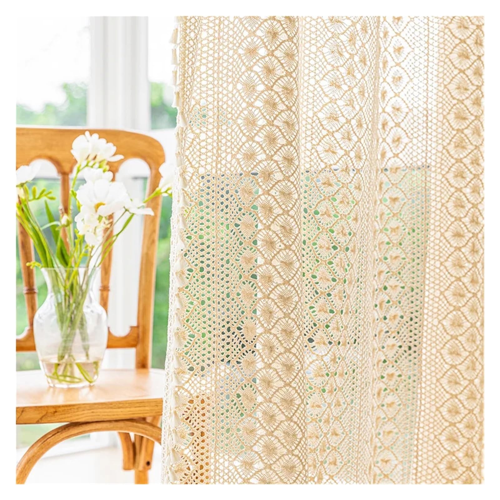 Rideau dentelle beige 150x150cm en coton tricoté rustique style farmhouse à passe-tringle