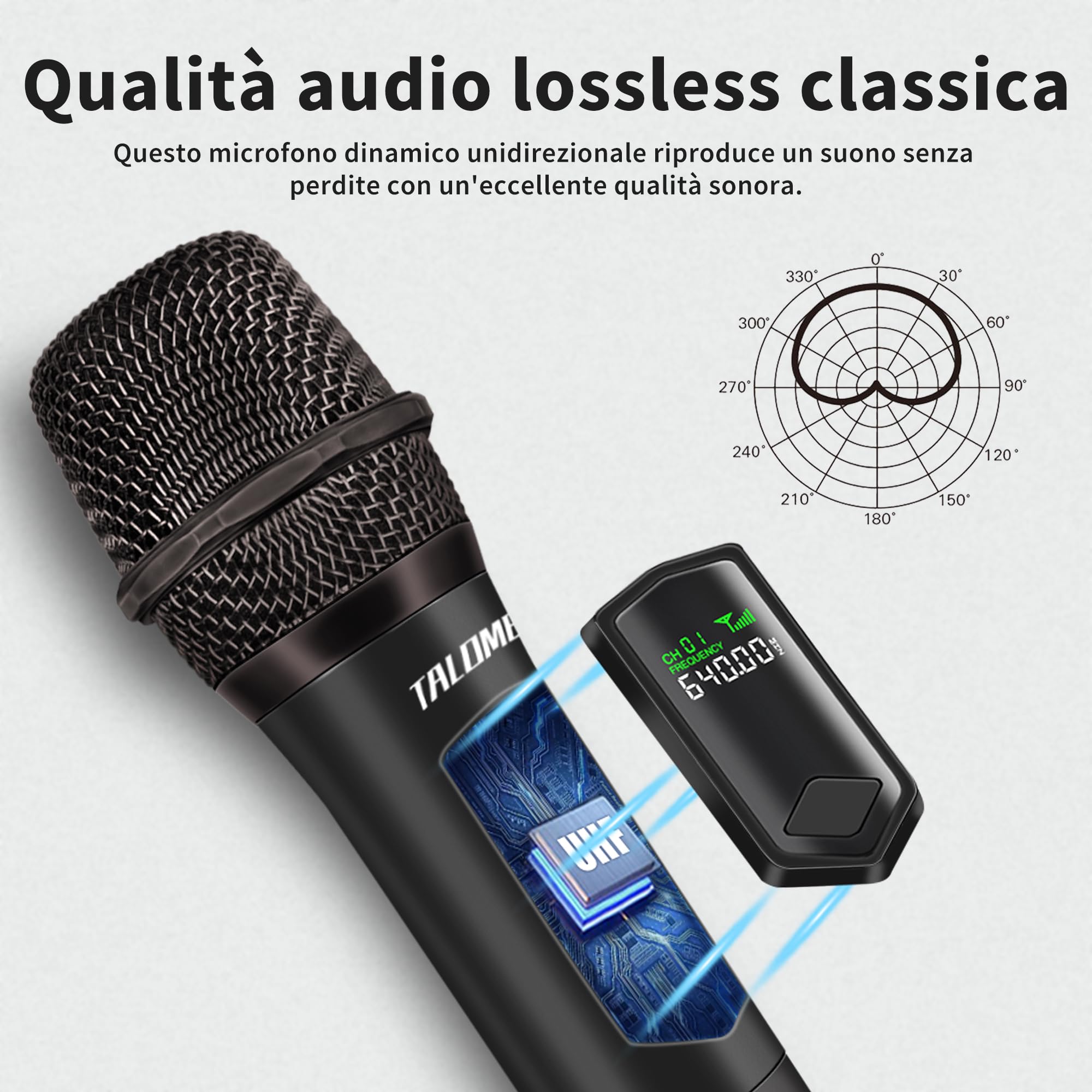 talomen Microfono wireless karaoke 2,4 GHz, microfono dinamico portatile professionale con ricevitore ricaricabile, per canto, karaoke, feste, esibizioni dal vivo, K604 Argento, Nero, Verde, Viola