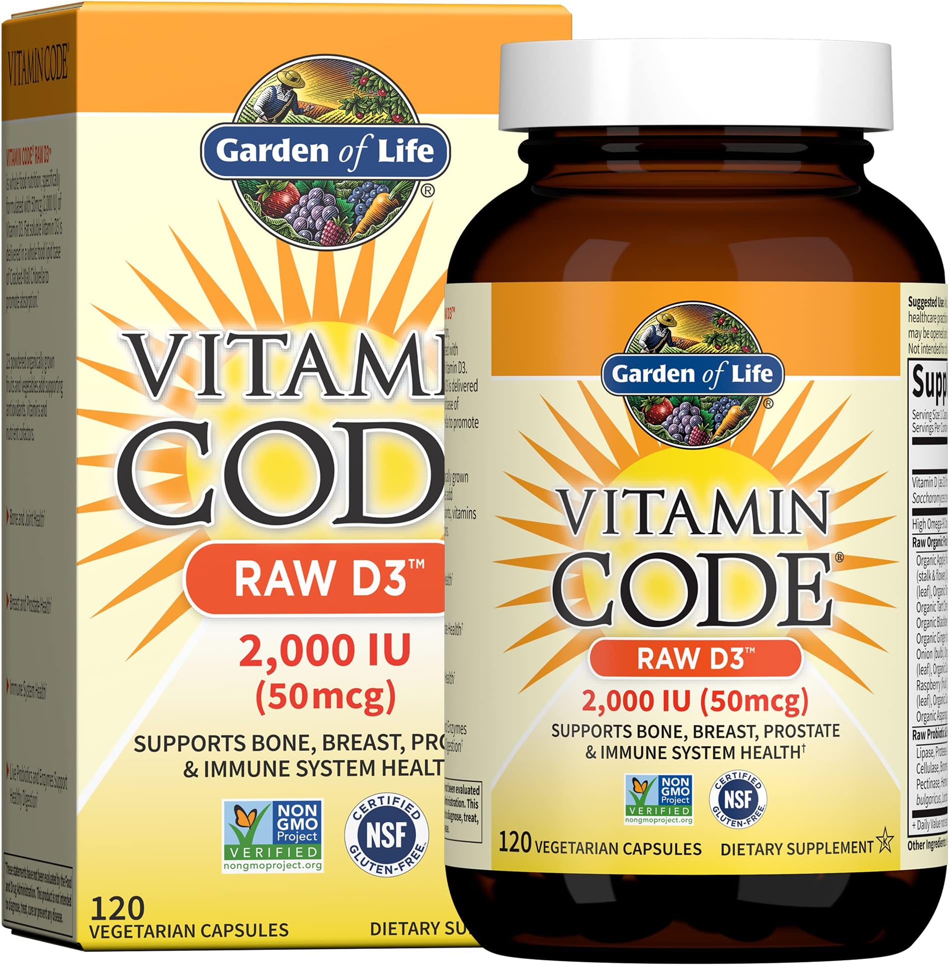 Vitamin D, Vitamin Code Raw D3, Vitamin D 2,000 IU, Raw Whole Food D3 Supplements with Chlorella, Fruit, Veggies & Probiotics for Bone & Immune Health, 120 Vegetarian Capsules