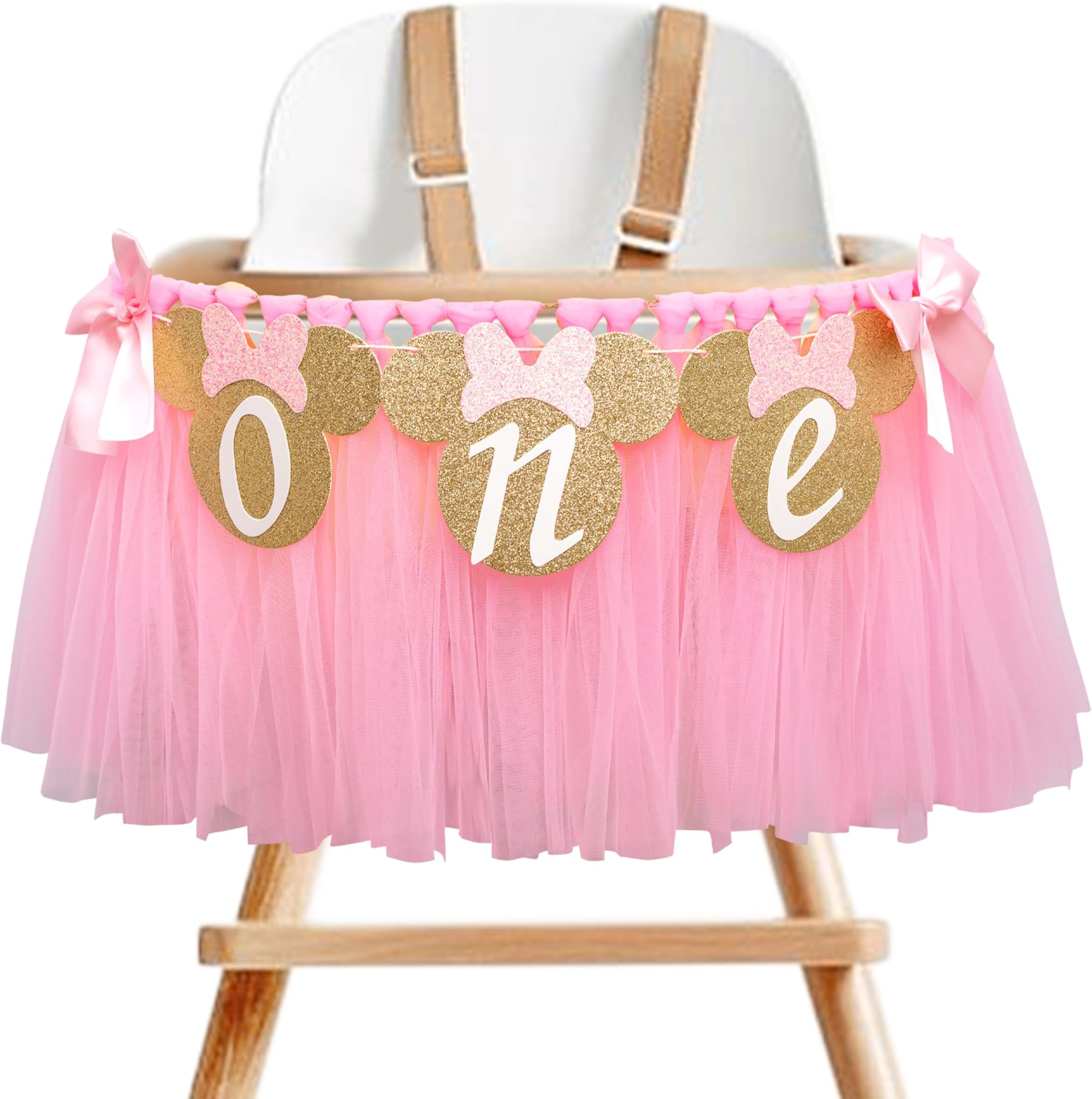 Mouse One High Chair Banner - Mouse Theme First Birthday Party Banner for Little Girls,Pink 1st Birthday Decoration Garland (pink mouse banner)
