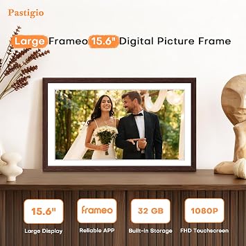 Digital Picture Frame Frameo, Large 15.6 Inch Digital Photo Frame, WiFi Electric Frame, 1920 * 1080 IPS FHD Touchscreen, 32GB, Tabletop&Wall-Mounted, Share Video Picture, Gifts for Mom, Black Walnut