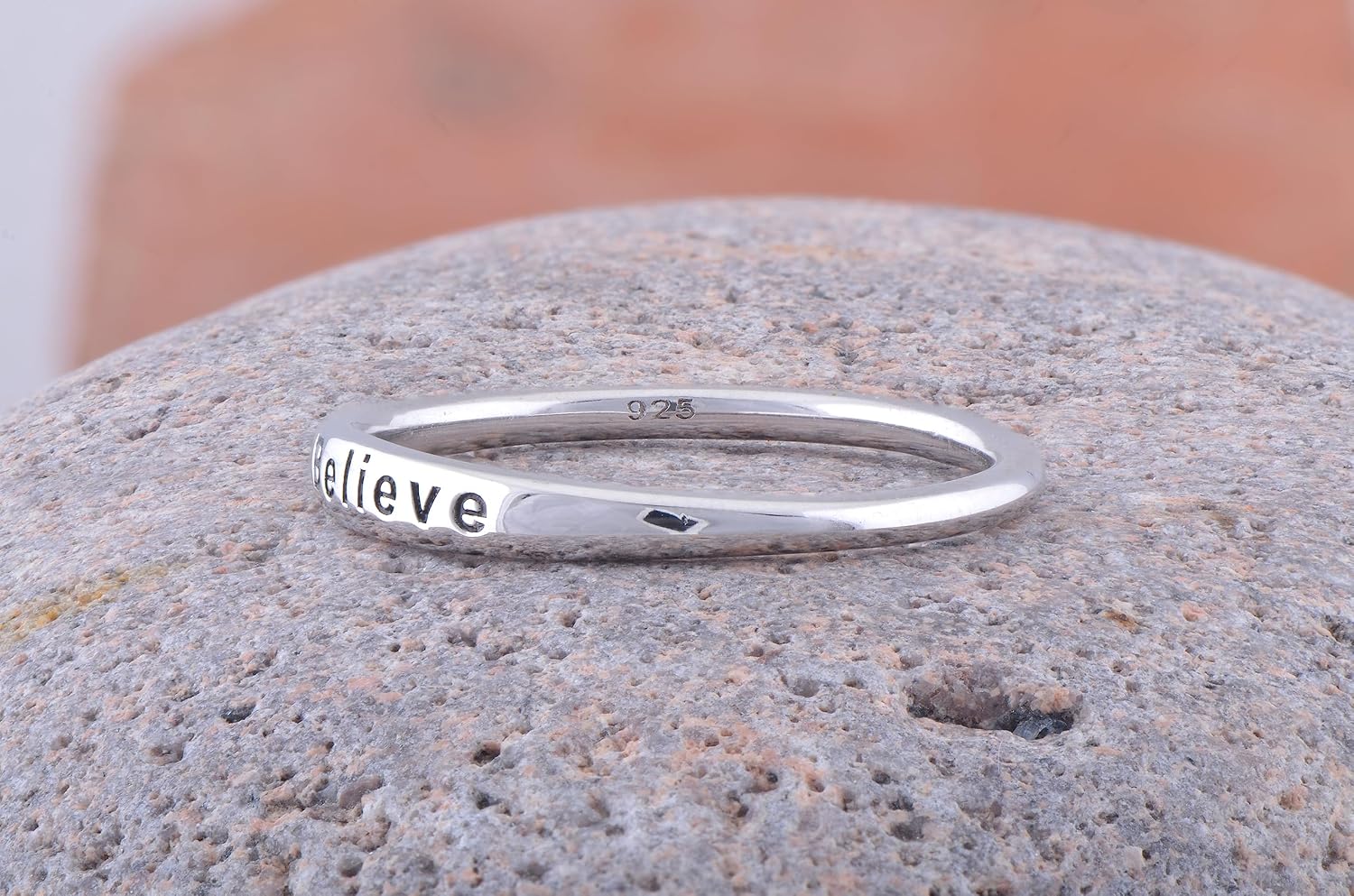 SILVERCLOSEOUT Rhodium Plated Sterling Silver Womens Thin Stackable Believe Inspiriational Word Ring (Size 4-11)