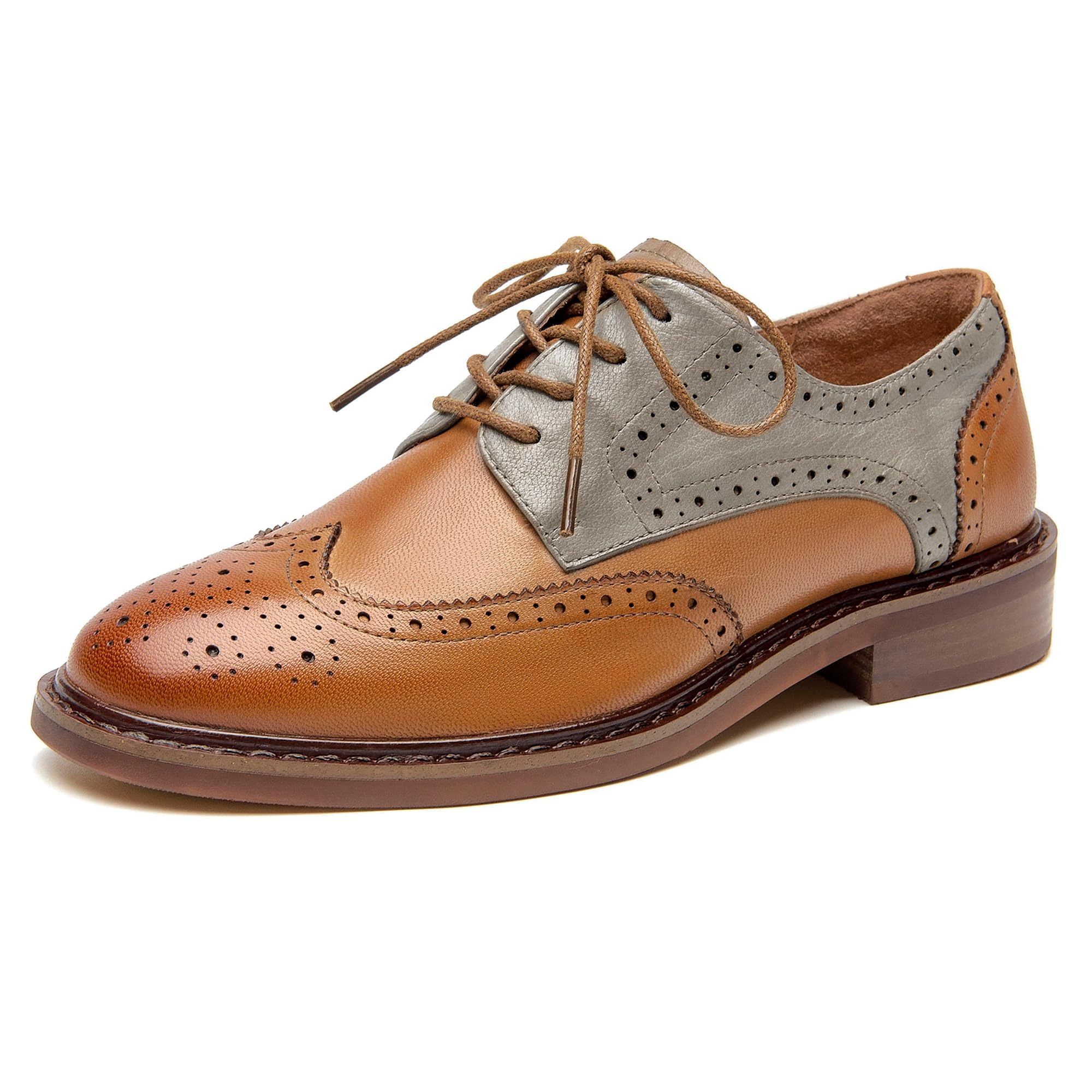 BEAU TODAY Oxford Shoes for Women,Leather Brogue Dress Shoes,Comfort Brethable Ladies Lace-up Handmade Wingtip Shoes for Business Work