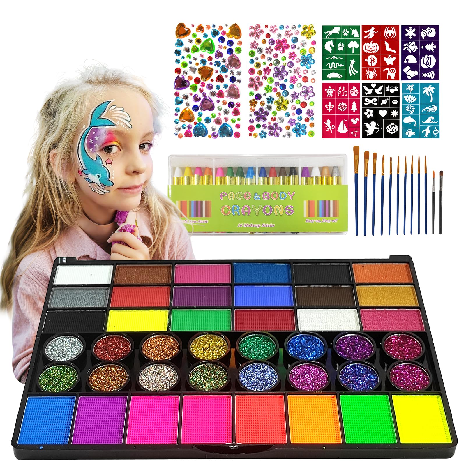 SAM SUGAR Face Painting for Kids 42 Colors Non-Toxic Vibrant Colors Professional kids face painting with 16 Crayons 56 Sticky Stencils 12 Paint