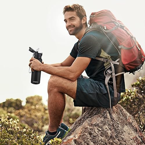 Miniatura 7 de Han's Bottle Botella de agua deportiva de 24 onzas, tapa con pajilla, a prueba de fugas, acero inoxidable aislado al vacío, doble pared, taza