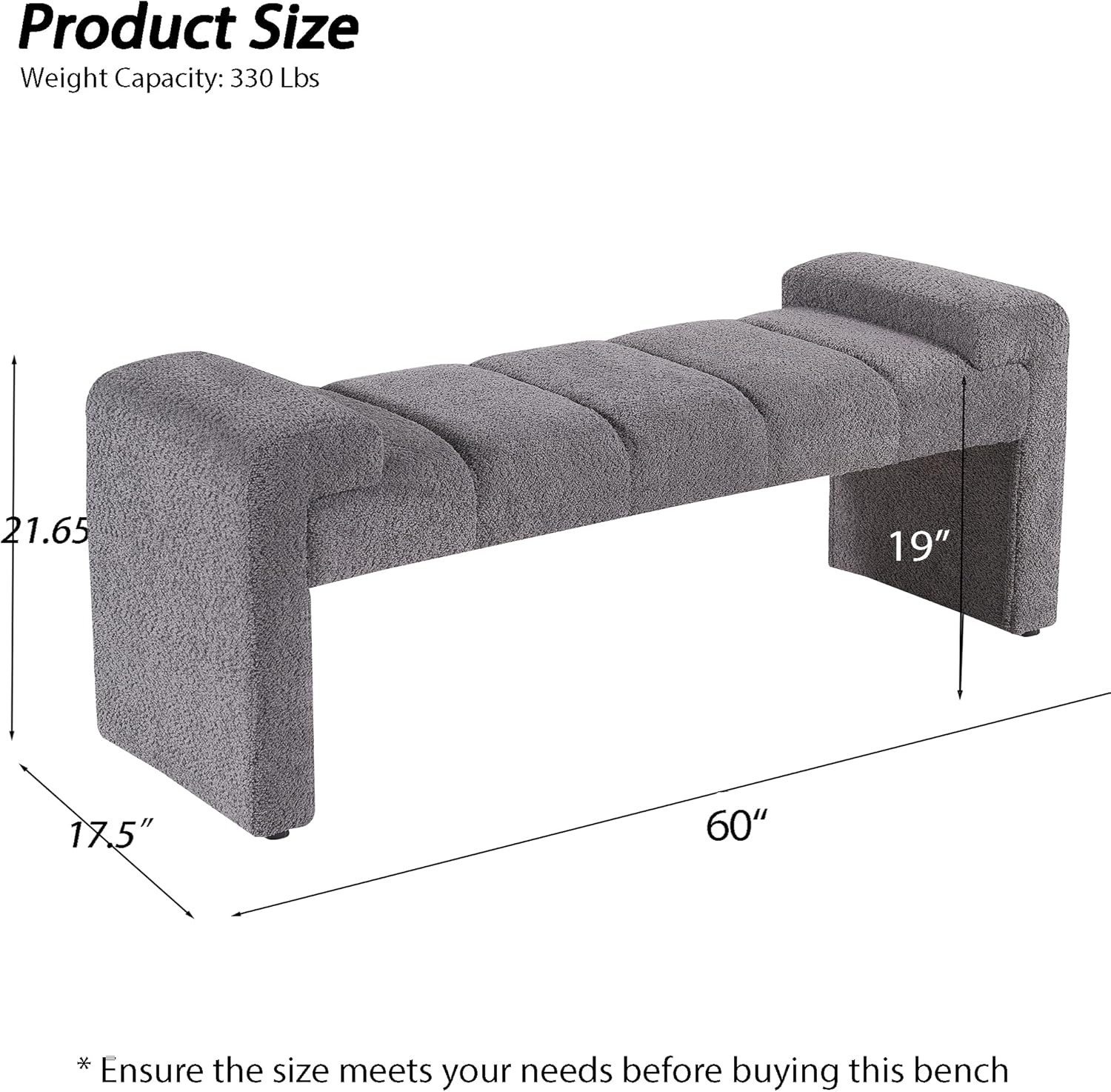 Boucle End of Bed Bench Upholstered Modern Bedroom Bench Channel Tufted Window Bench Comfy Long Ottoman for Living Room/Hallway/Indoor (Grey, Curved Arm)
