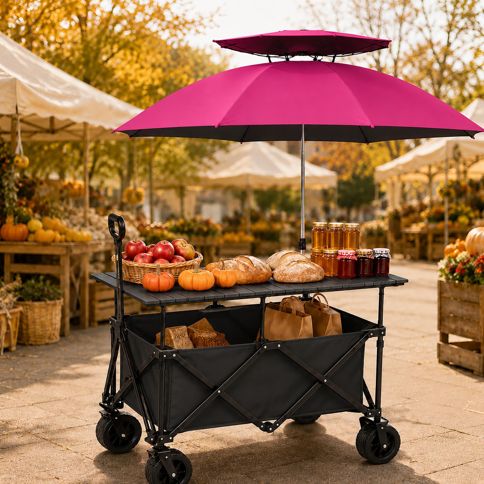 Carrello da Vendita Pieghevole con Tavolo e Ombrellone per Mercatini | Vano da Circa 220 L, Ruote Piroettanti con Freno per Eventi all’Aperto(black)