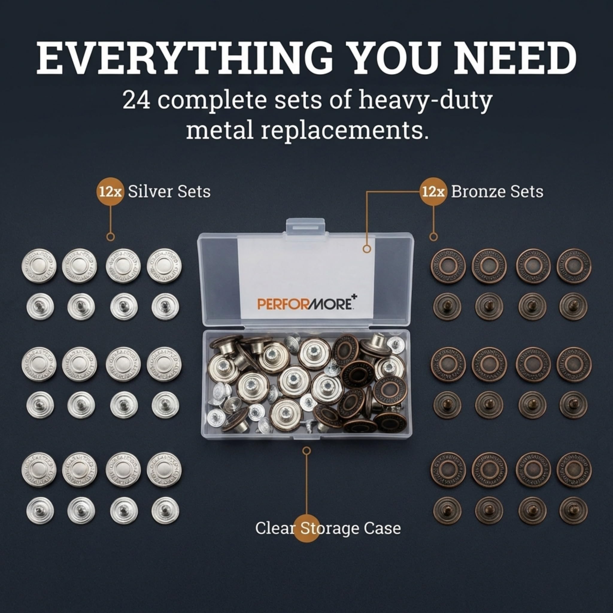 Performore 24 juegos de botones plateados y cobre para jeans, kit de repuesto con botones y cierres en caja de almacenamiento de plástico transparente para reparación de jeans, jeans y chaquetas (12