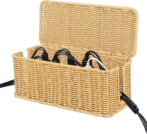 ShellKingdom Caja de organización de cables, cuerda de ratán tejida a mano, caja organizadora con tapa para oficina en casa, TV, computadora,