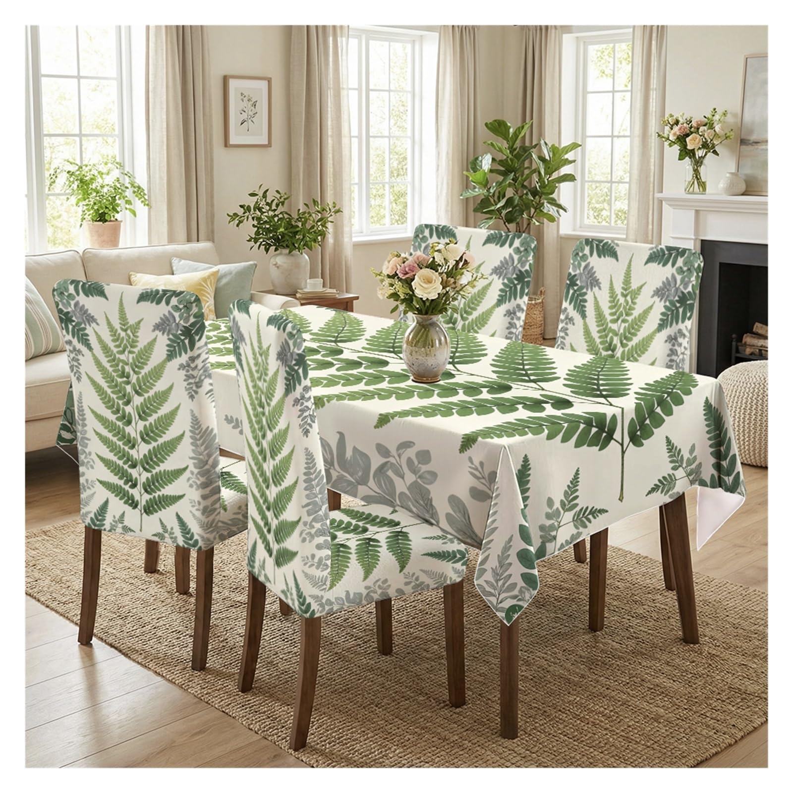 KXUAUV Fern Leaves Print Tablecloth & Chair Covers Set, Slipcovers For Dining Room, Kitchen, Cottage & Farmhouse Decor, 5/7 Pack Party Decor(5pcs Set: Tablecloth+Chair Covers)