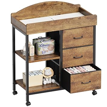 Yetom Changing Table, 3 Drawers&2 Shelves, Changing Table Dresser, Brown
