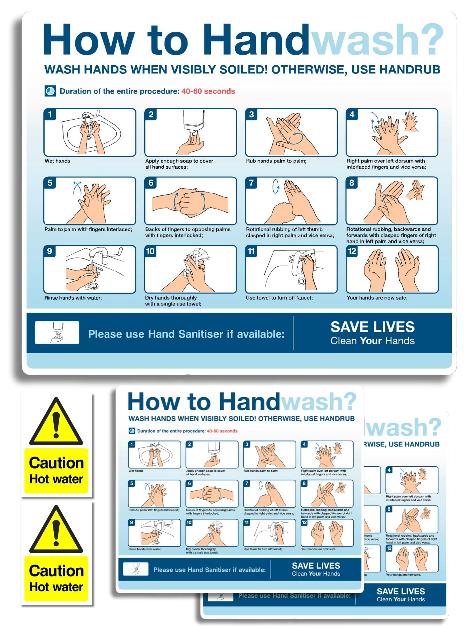 How to Wash your Hands Sign & Caution Hot water Stickers 5pcs set