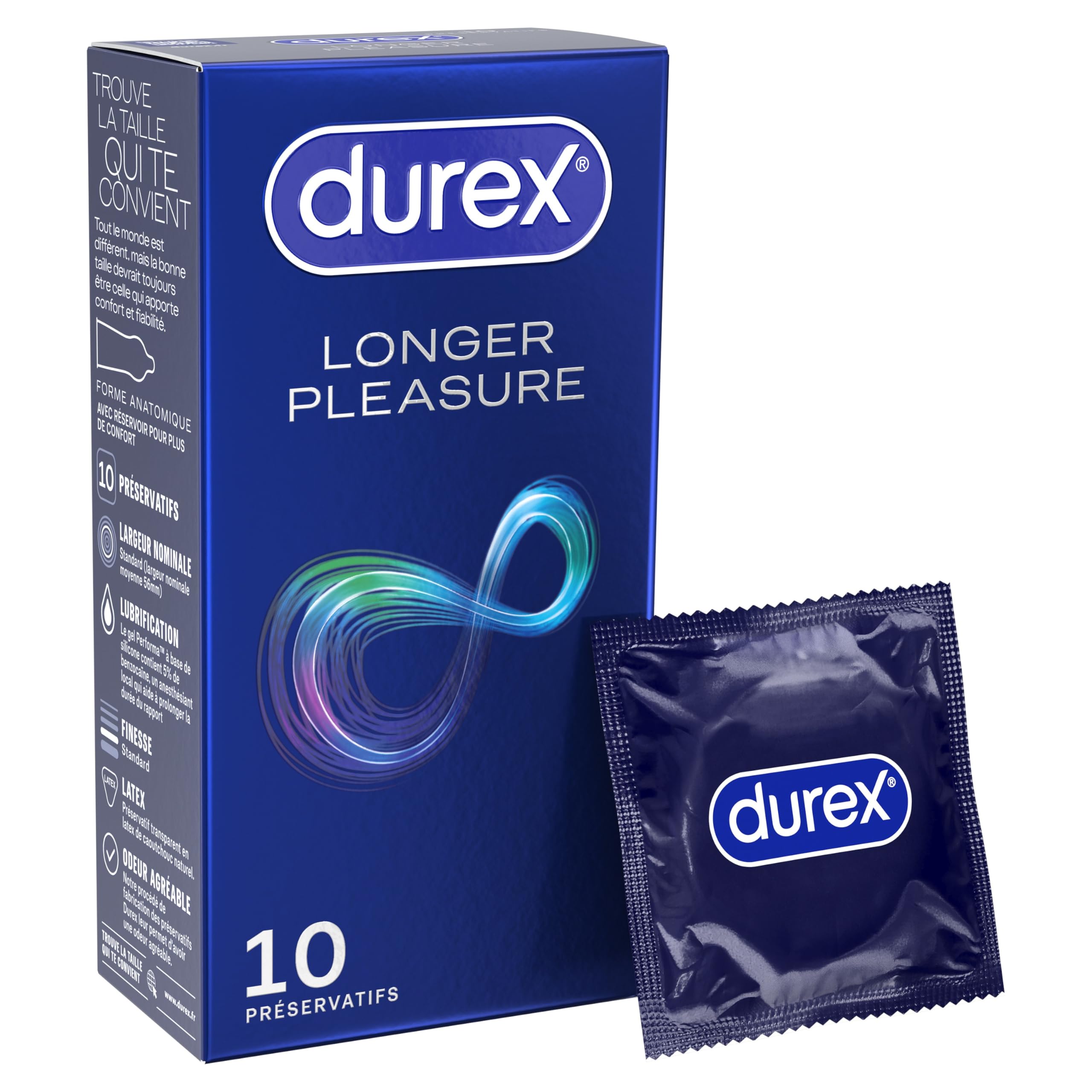 Durex Longer Pleasure - 10 Préservatifs Retardant Extra lubrifiés - Prolonge la durée du rapport (ex Performance Booster)