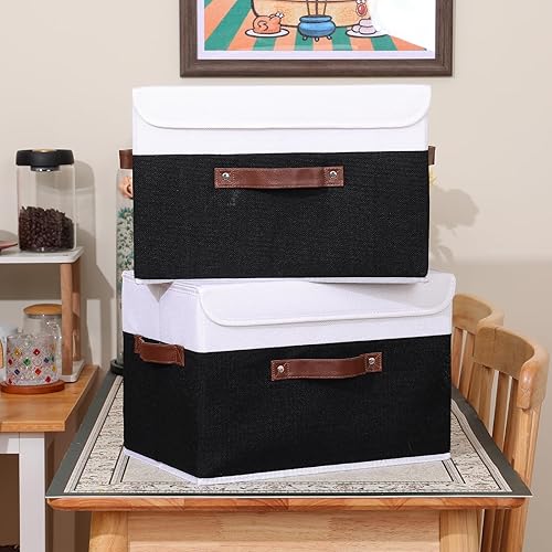 Miniatura 153 de ANMINY 2 contenedores de almacenamiento con tapa, asas de piel sintética, cajas de almacenamiento de plástico PP, decorativas, plegables, de tela