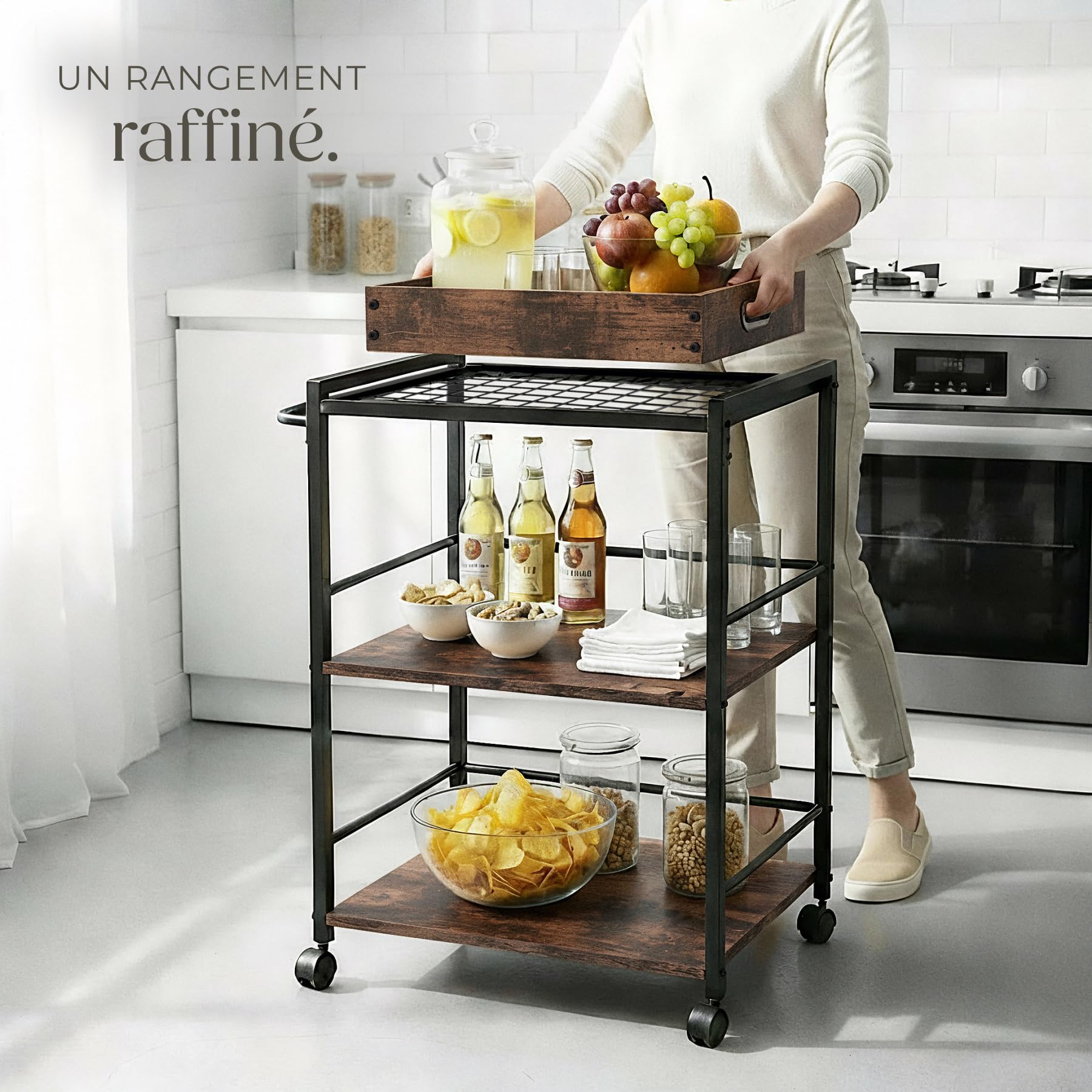 tectake® Chariot de Service Style Industriel, Desserte à roulettes 65 x 41,5 x 87 cm, Chariot Cuisine avec Plateau Amovible, roulettes pivotantes à Frein, Meuble Cuisine, Meuble Rangement, Bois foncé