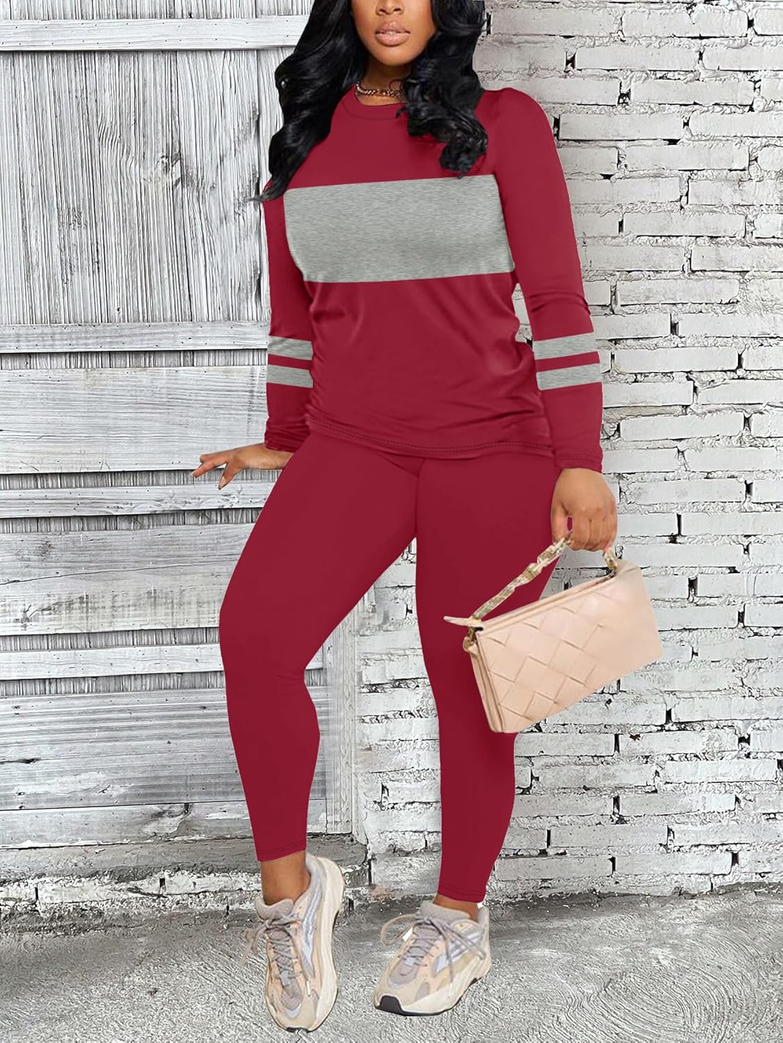 Two Piece Sets for Women Long Sleeve Striped Crewneck Slim Fit Active Sweatsuits Spring Fall 2025 Fashion Red Large - Image 4