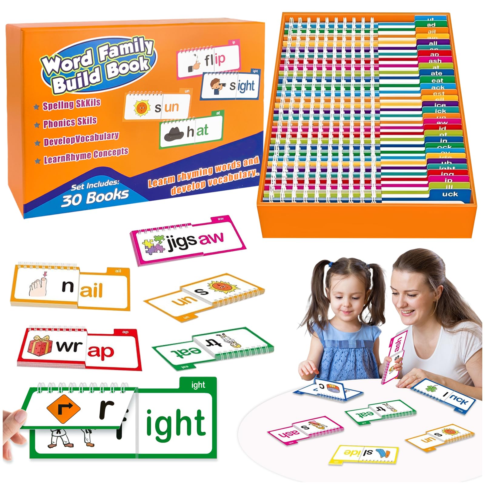 CHANCCI 30 Read and Rhyme Flip Books,Word Family Build Books,ABC Vocabulary Flash Cards,Flash Cards for Education, Reading, Interaction,Educational Reading Games for Kids