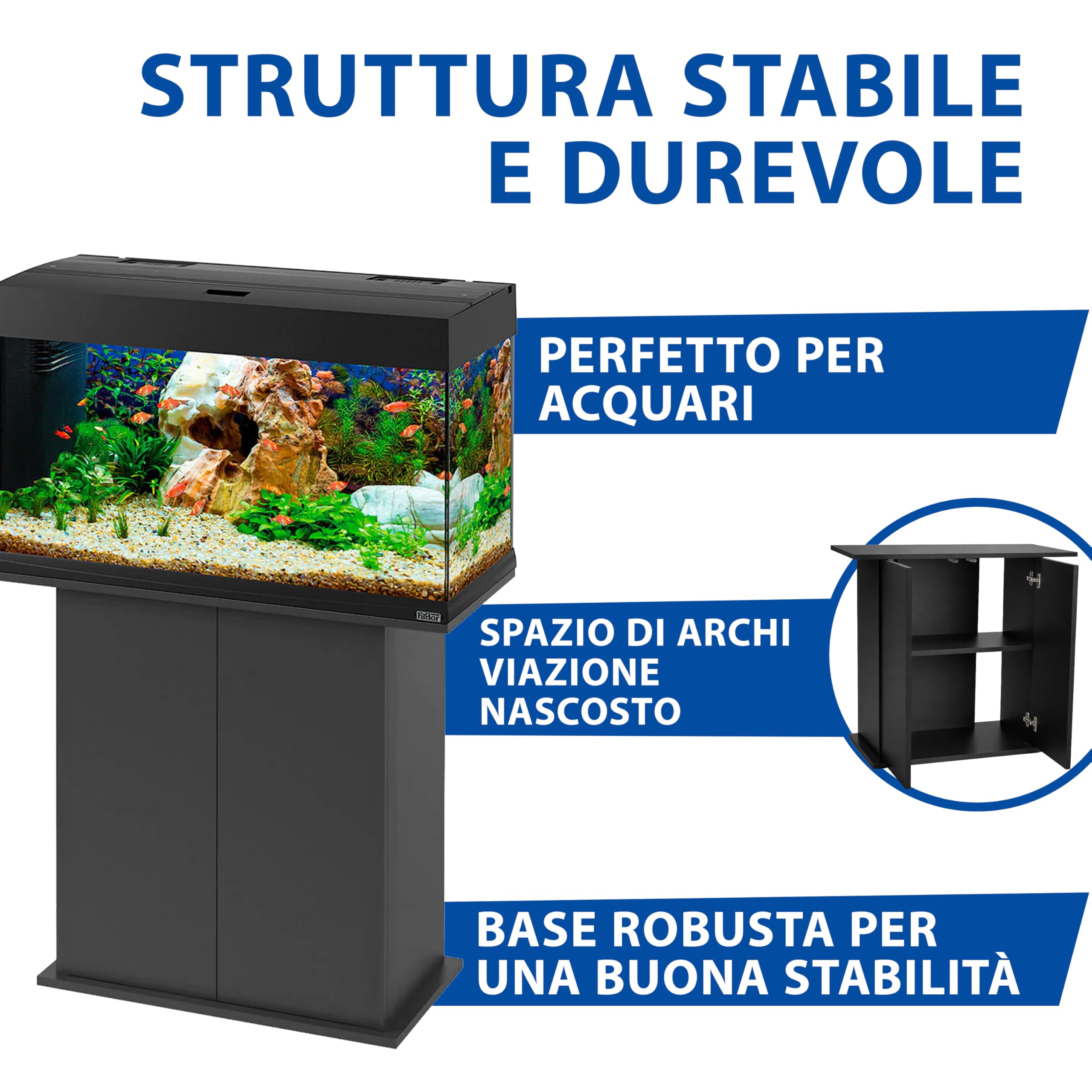 Ferplast Hydor Supporto Acquario, Mobile per Acquario, Resistente all'Umidità, Struttura Solida con Ante e Ripiani Integrati, Piedini Regolabili, 81 x 36 x h 73 cm, in Legno Nero