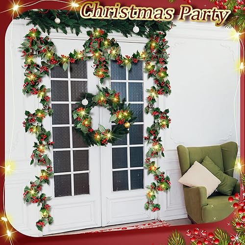 Miniatura 3 de Dingion Guirnalda de Navidad de 12 pies con luces, guirnalda de hojas de acebo y bayas artificiales, funciona con pilas, guirnalda de luces LED para