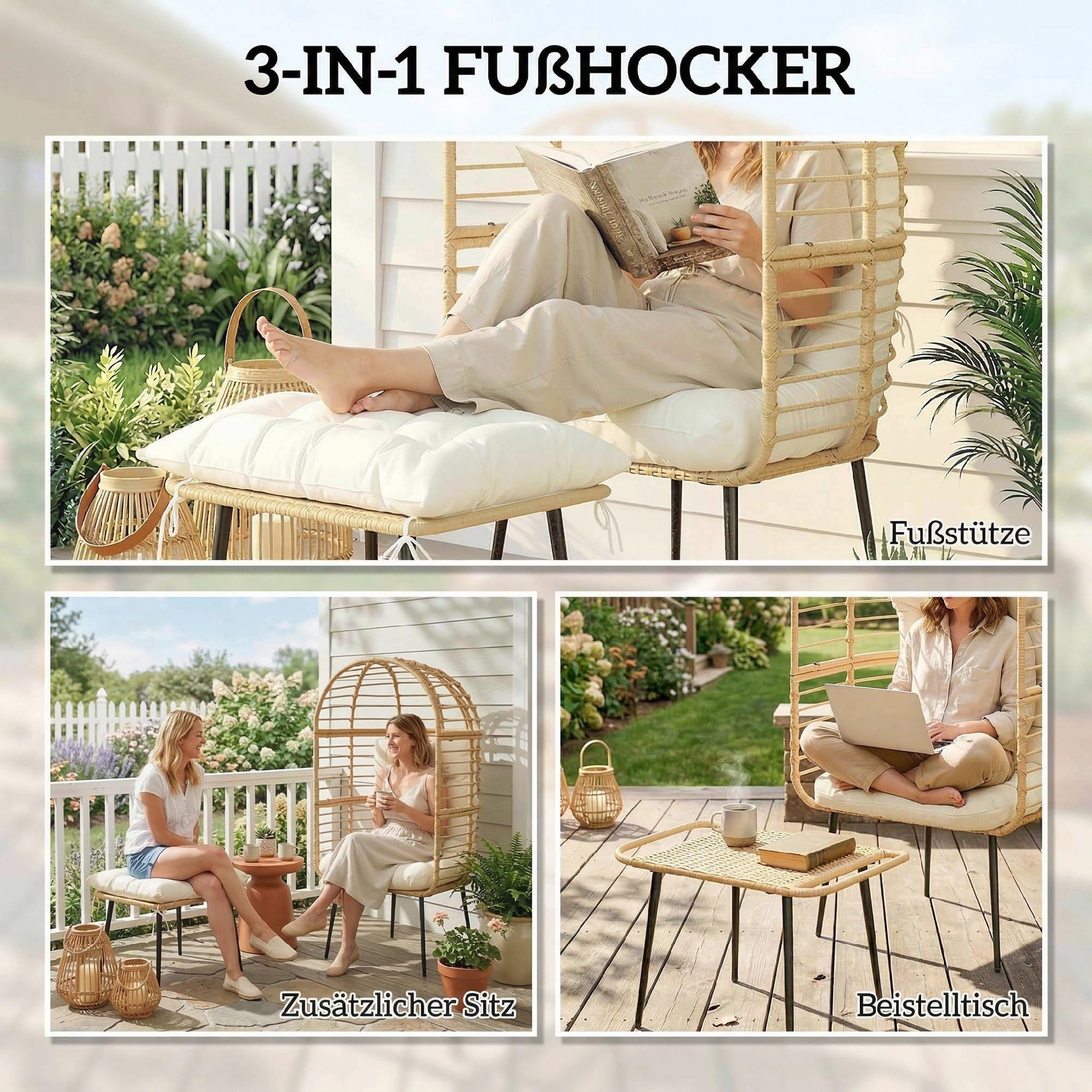 Outsunny Fauteuil de jardin avec tabouret en forme d'œuf - Avec coussins longs et épais - Cadre en métal - Style bohème - Pour salon, jardin, balcon, terrasse - Beige