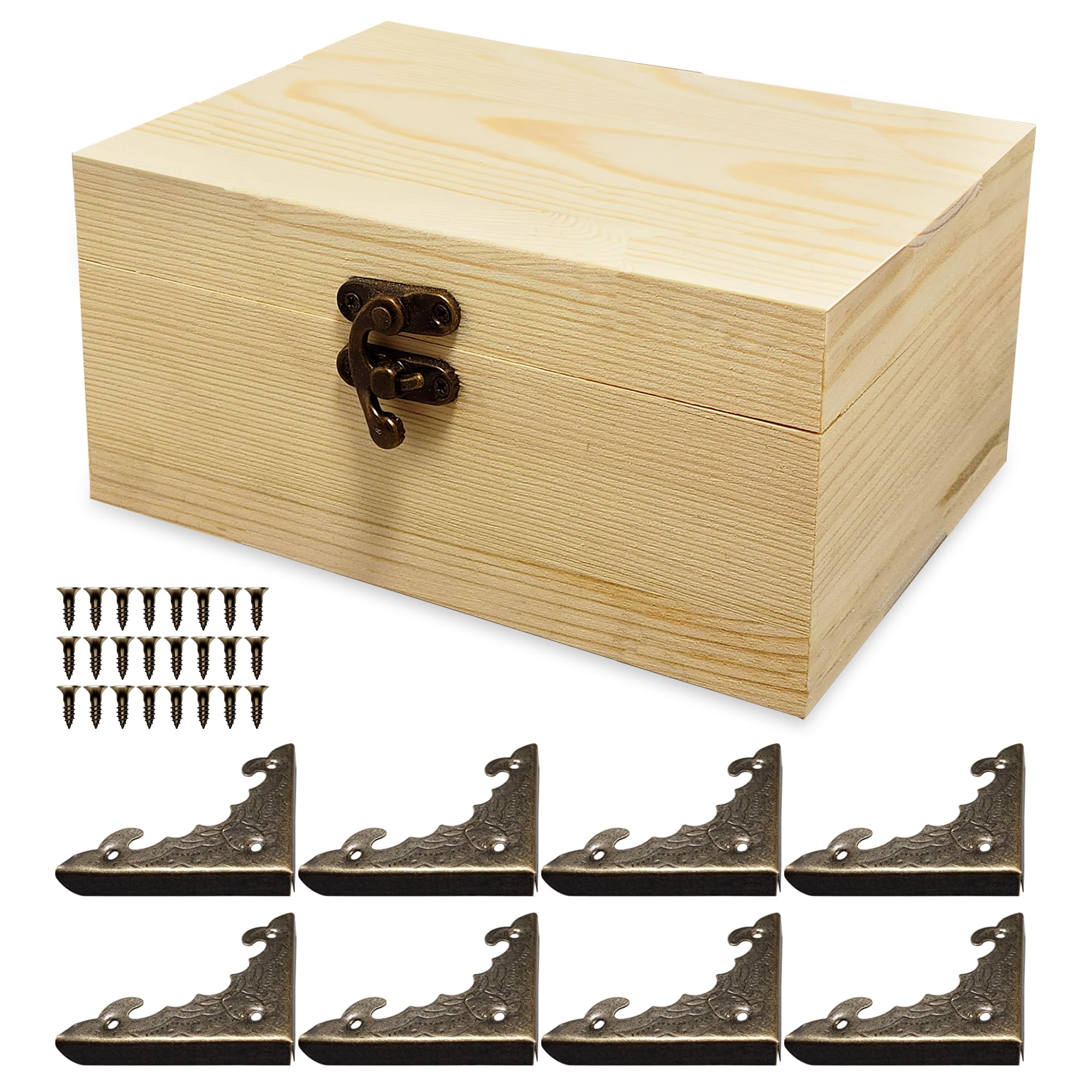 VIKOS Products 6.7"x5.1"x3.1" Unfinished Unpainted Wooden Box with Hinged Lid for Crafts DIY, Storage Jewelry Plain Pine Box with 4 Pcs Retro Style Decorative Corner Protectors