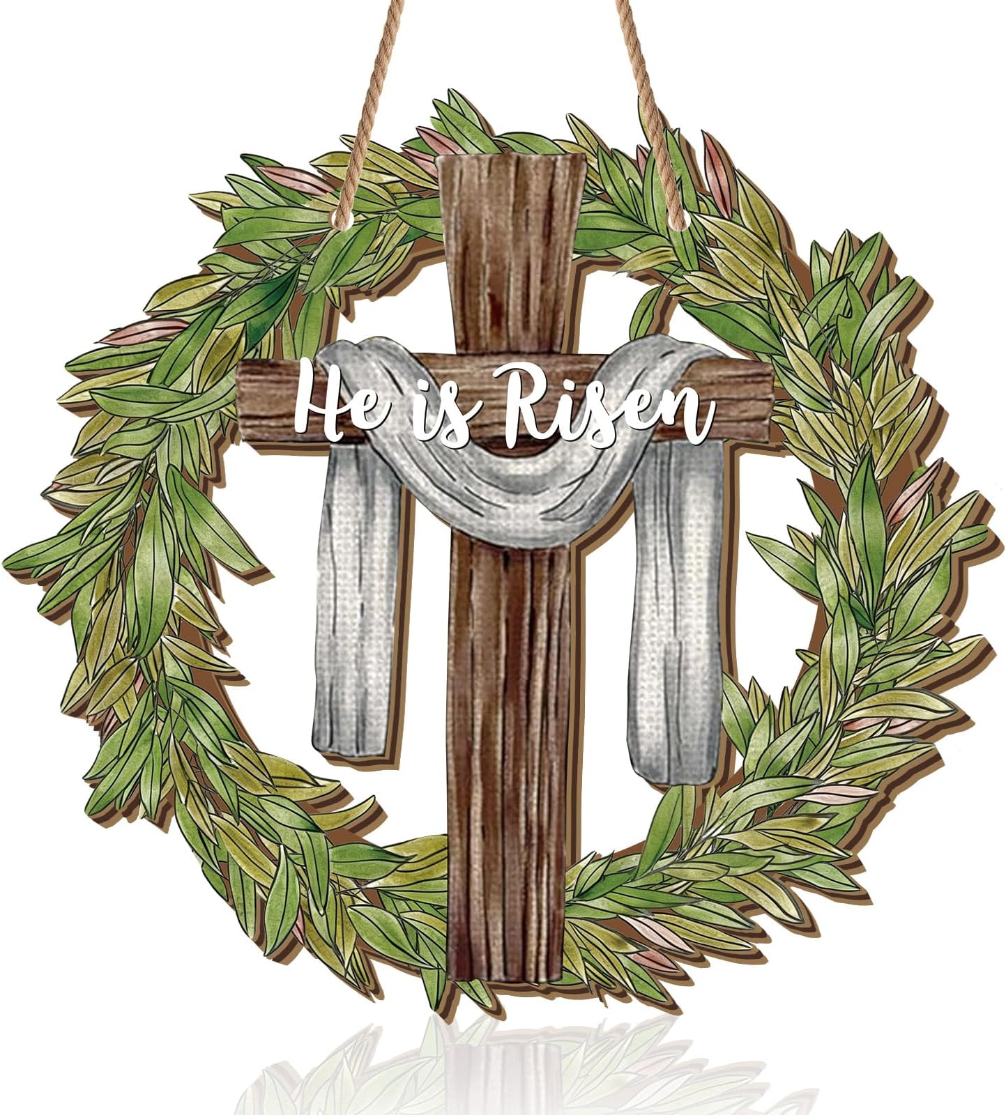 Thyle He Is Risen Sign 12'' Easter Front Door Decor Religious Leaves Lent Cross Door Hanger Sign Wooden Easter Wreath Christian Wall Hanging Decoration for Home Farmhouse Outdoor Porch