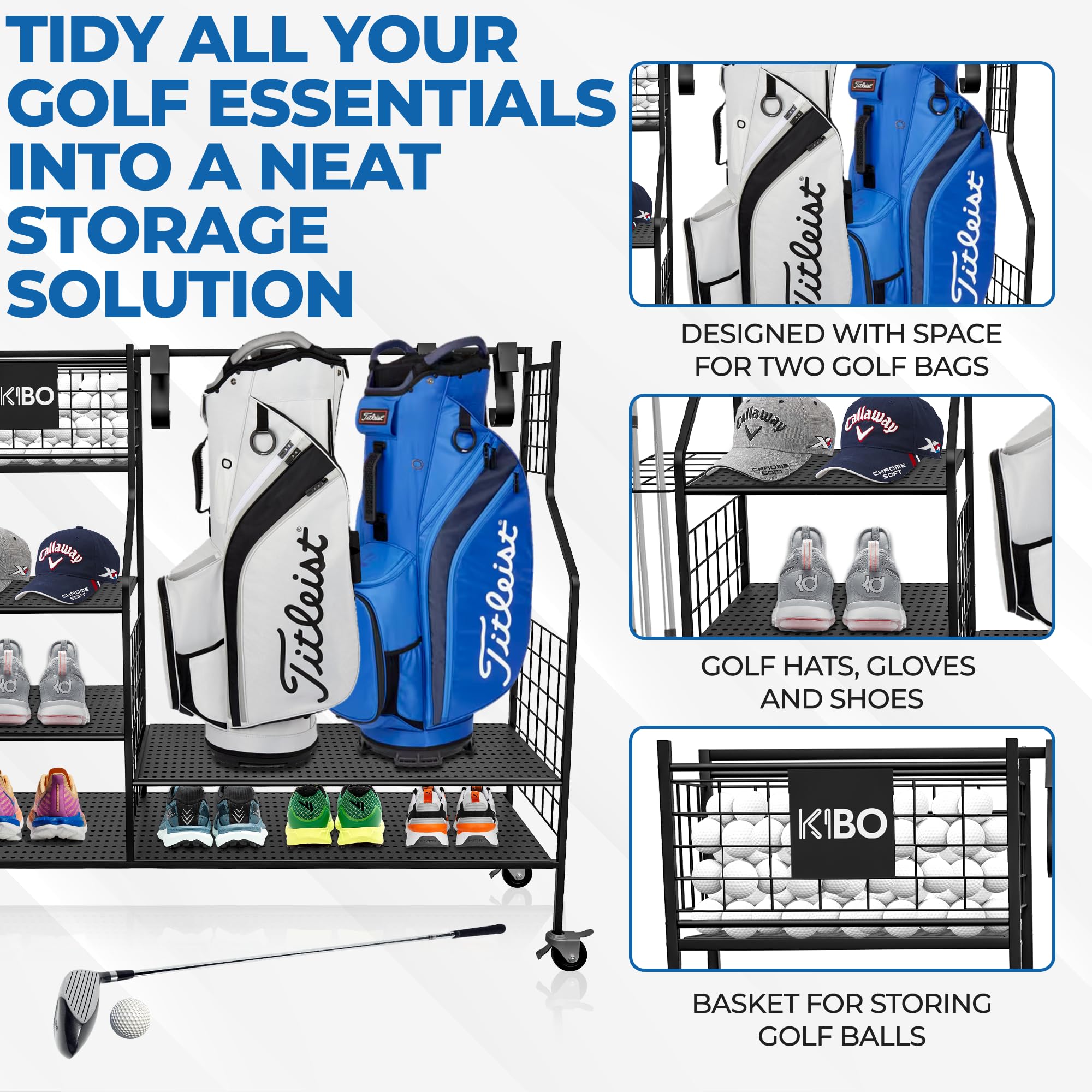 KIBO Organiseur de golf – Support de rangement de golf, noir avec roulettes, club de golf et sac de rangement, présentoir de garage pour accessoires de golf, y compris autocollants d'impact de golf