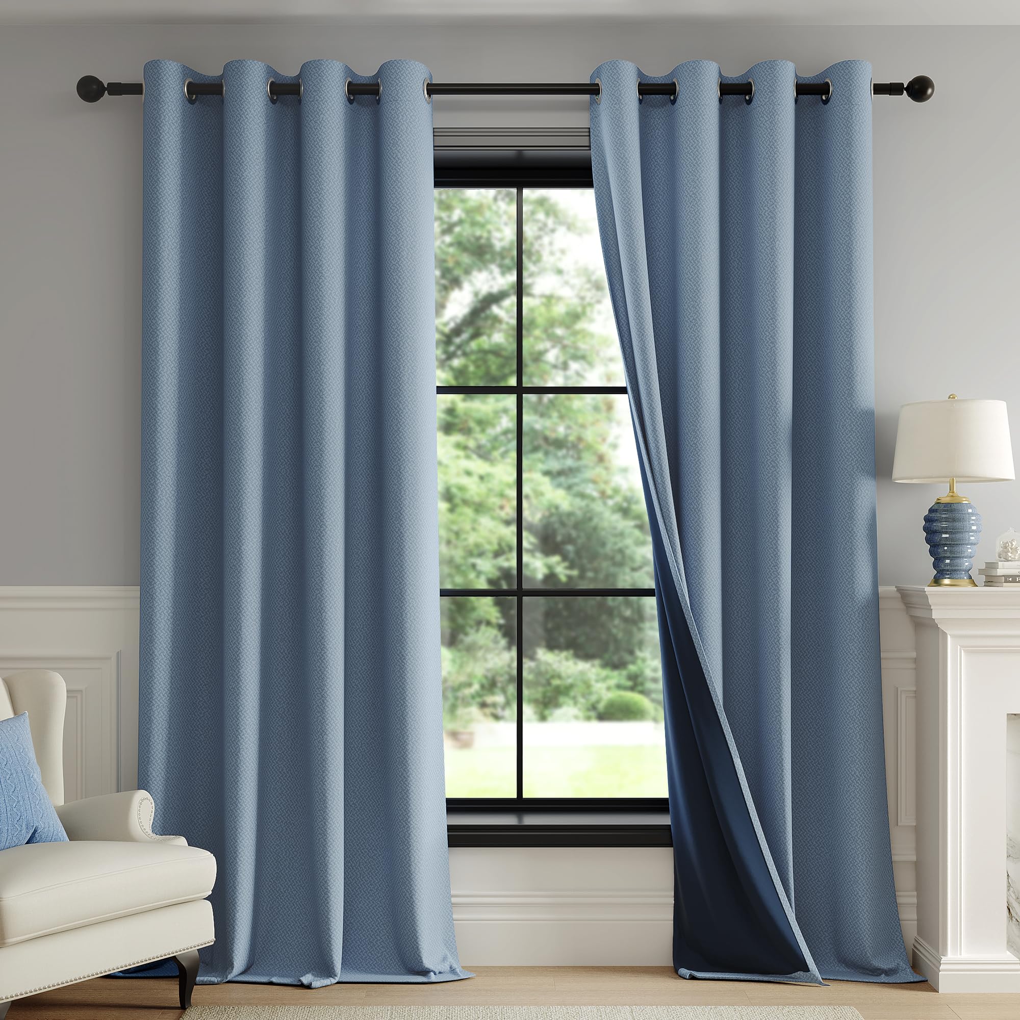 Fmfunctex Blackout Thermal Curtains for Bedroom 54 Inch Drop Blue Eyelet Curtains for Living Room Weave Textured Light Blocking Energy Saving Window Curtain Drapes 2 Panels