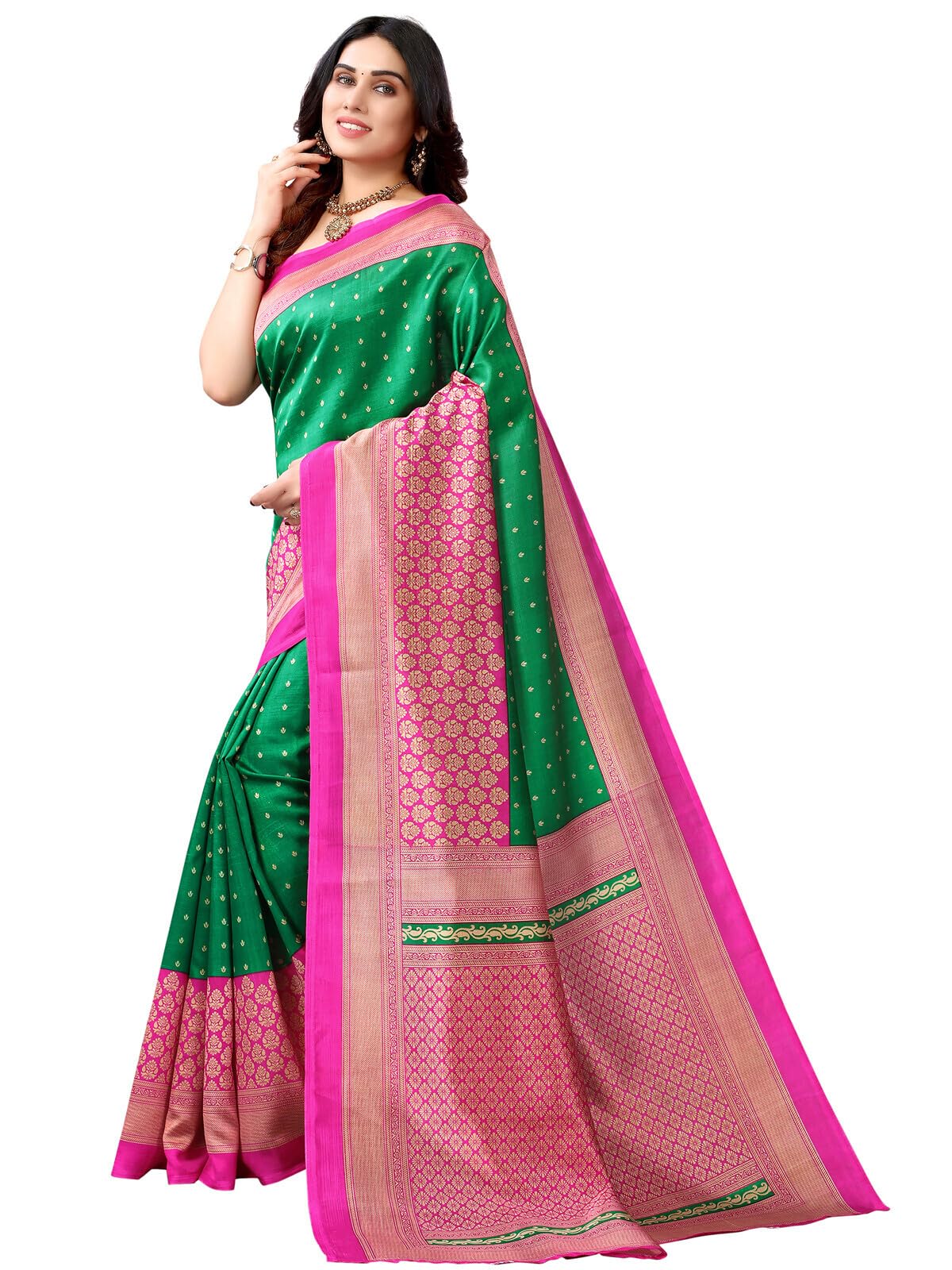 Shiv Textiles Women's Art Silk Traditional Prints Saree(143S104_Green & Beige)