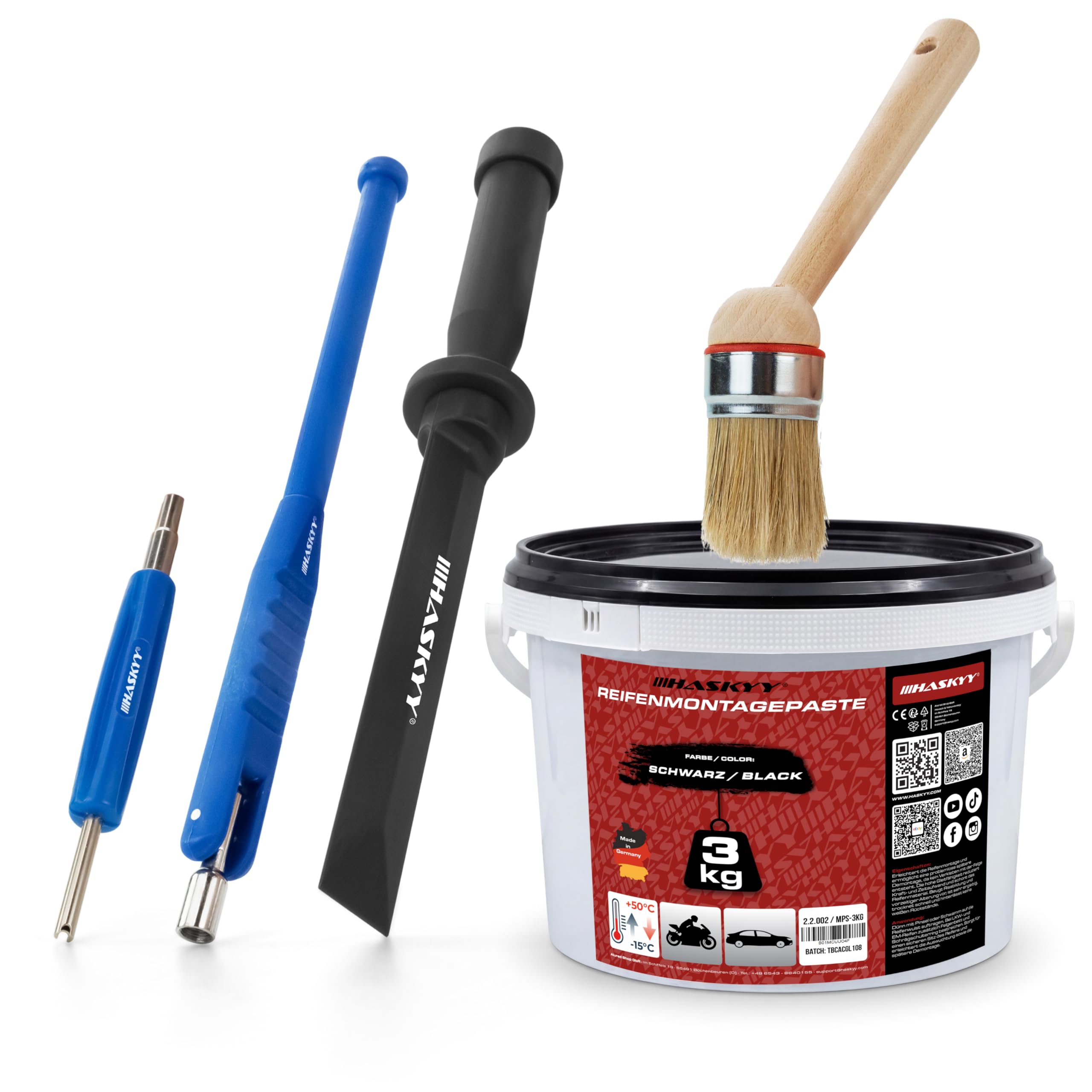 HASKYY Pasta do Montażu Opon 3kg Czarna Uniwersalna Zestaw Montażowy do Opon z Pędzlem, Wykręcakiem Zaworów, Skrobakiem i Wciągaczem Zaworów - Akcesoria Opon