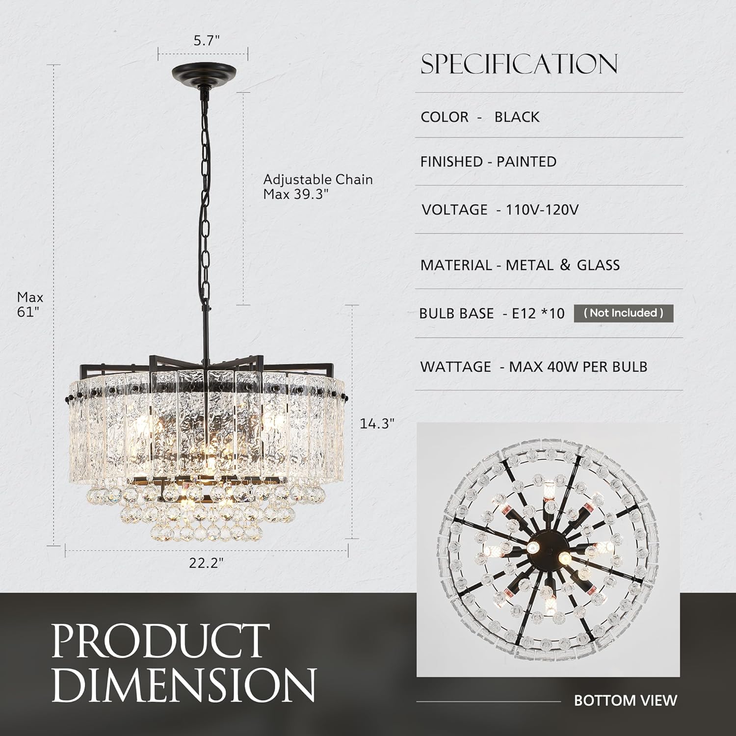 22.2" 10-Light Modern Glass Chandelier Light Fixtures Black 3-Tier Crystal Beads Chandeliers for Dining Room Round Hanging Ceiling Pendant Lighting for Kitchen Island Entryway Foyer Hallway