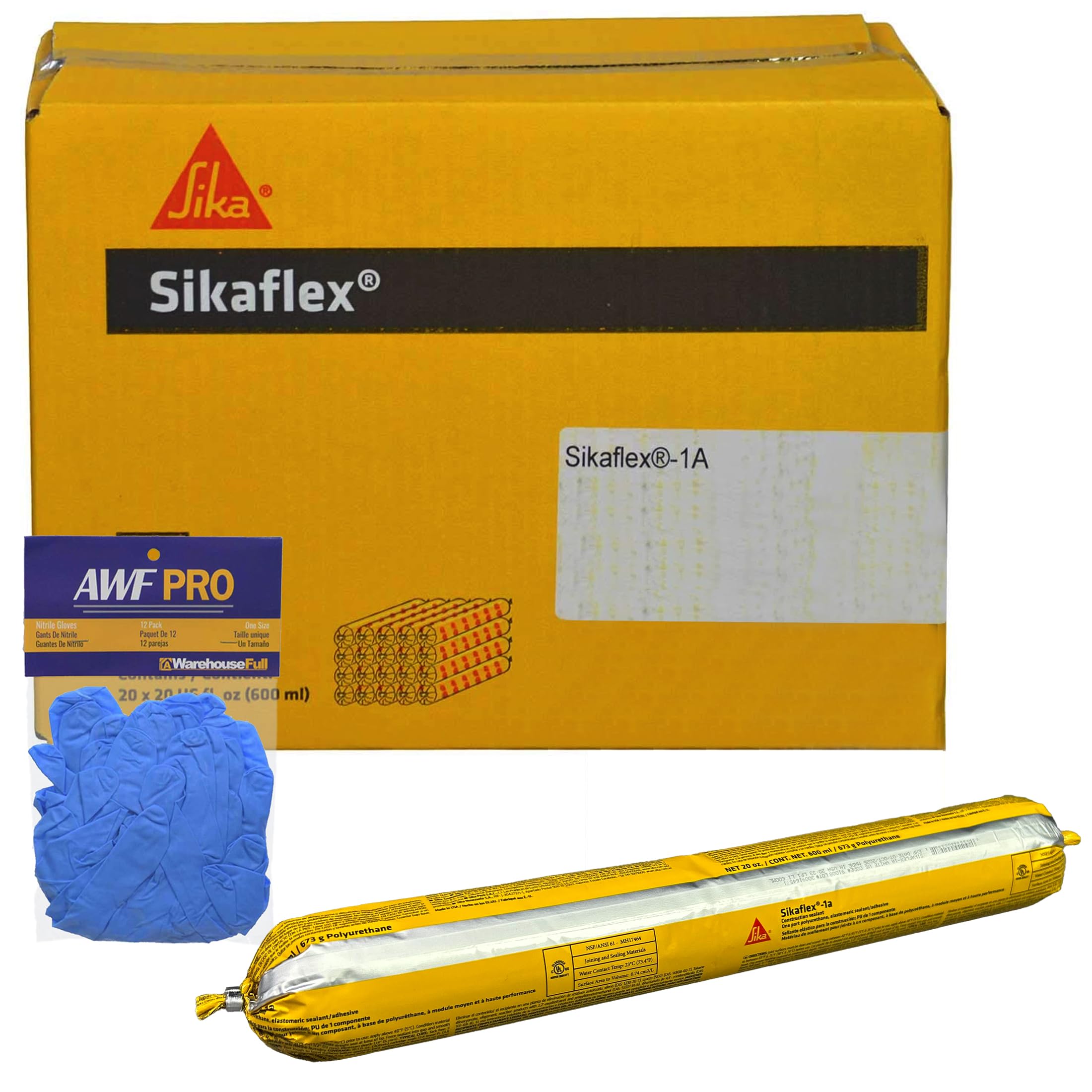 Sikaflex 1a 20 oz Sausage with AWF PRO Gloves – White, Pack of 20 – Non Sag, Polyurethane Concrete and Masonry Joint Sealant for Vertical and