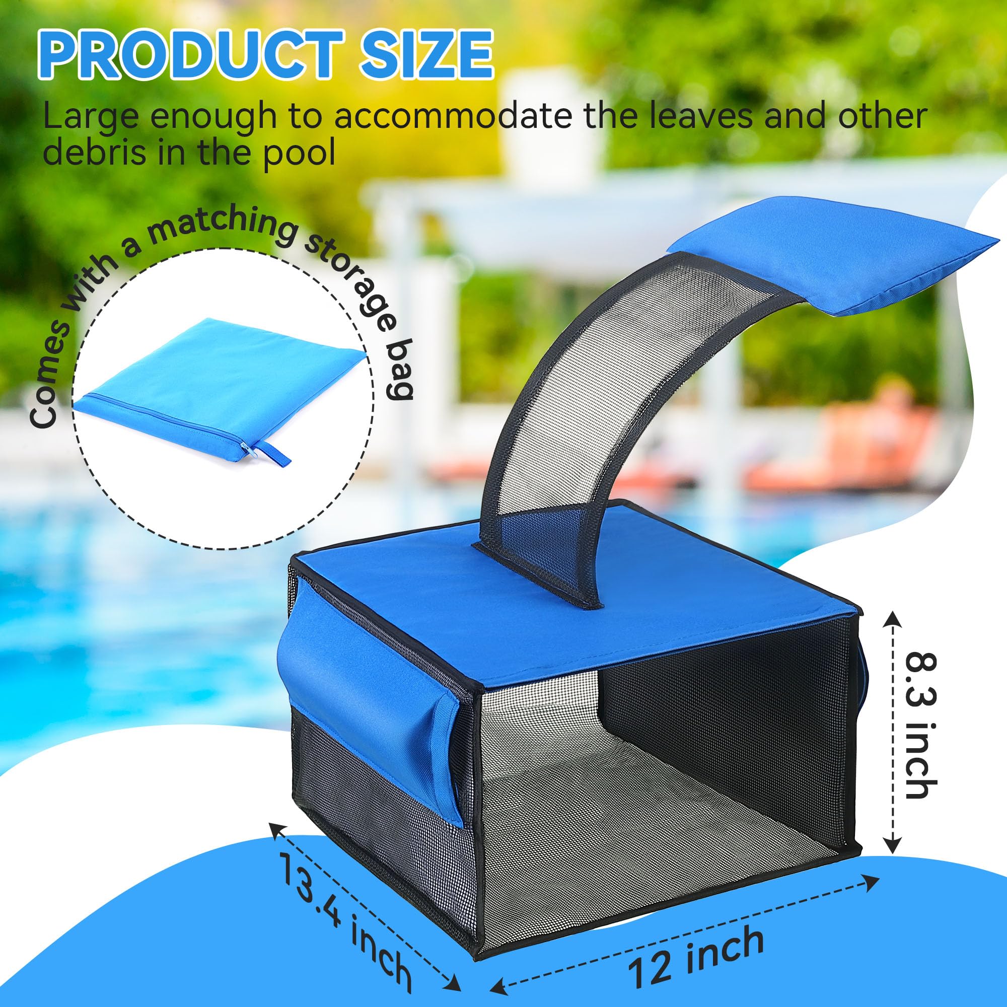 Desnatador azul para piscina sobre el suelo, espumador de hojas de piscina de lujo, atrapador eficiente de hojas de piscina, herramienta de mantenimiento ideal para limpieza de piscinas, ideal para