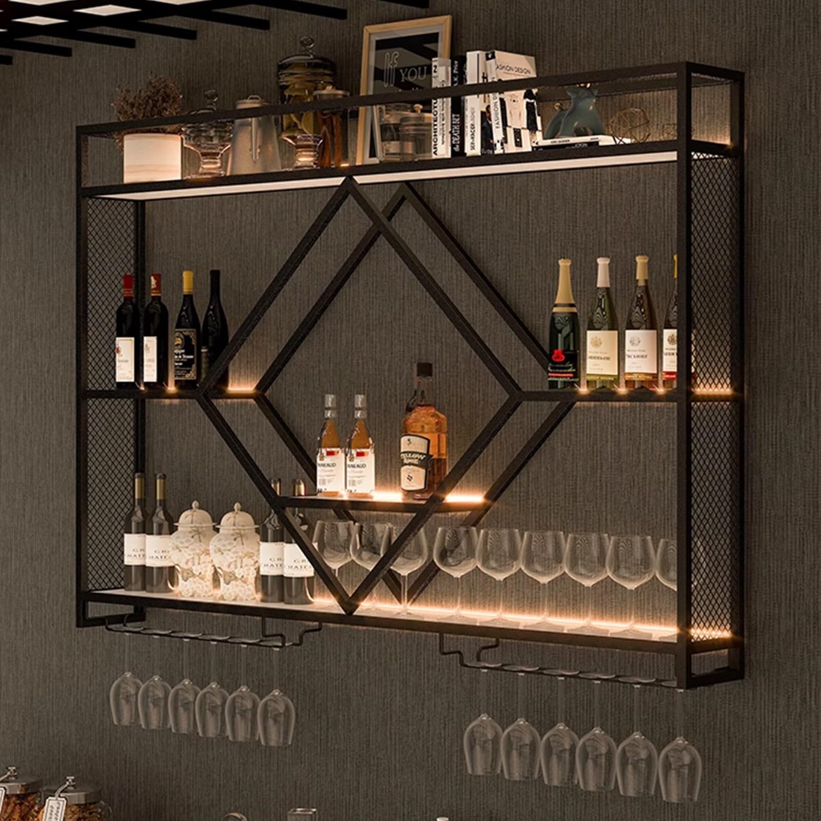 Wine Rack Wall Lujoso Botellero de Hierro Lacado en Forma de Diamante, Botellero de Pared para Vino con Luz LED y Portavasos para Cocina, Salón, Barr, Cafetería | Iron Lacquer Wine Rack, Industrial Bari Shelves for Home Barr, Kitchen, Dining Room(Gold,100