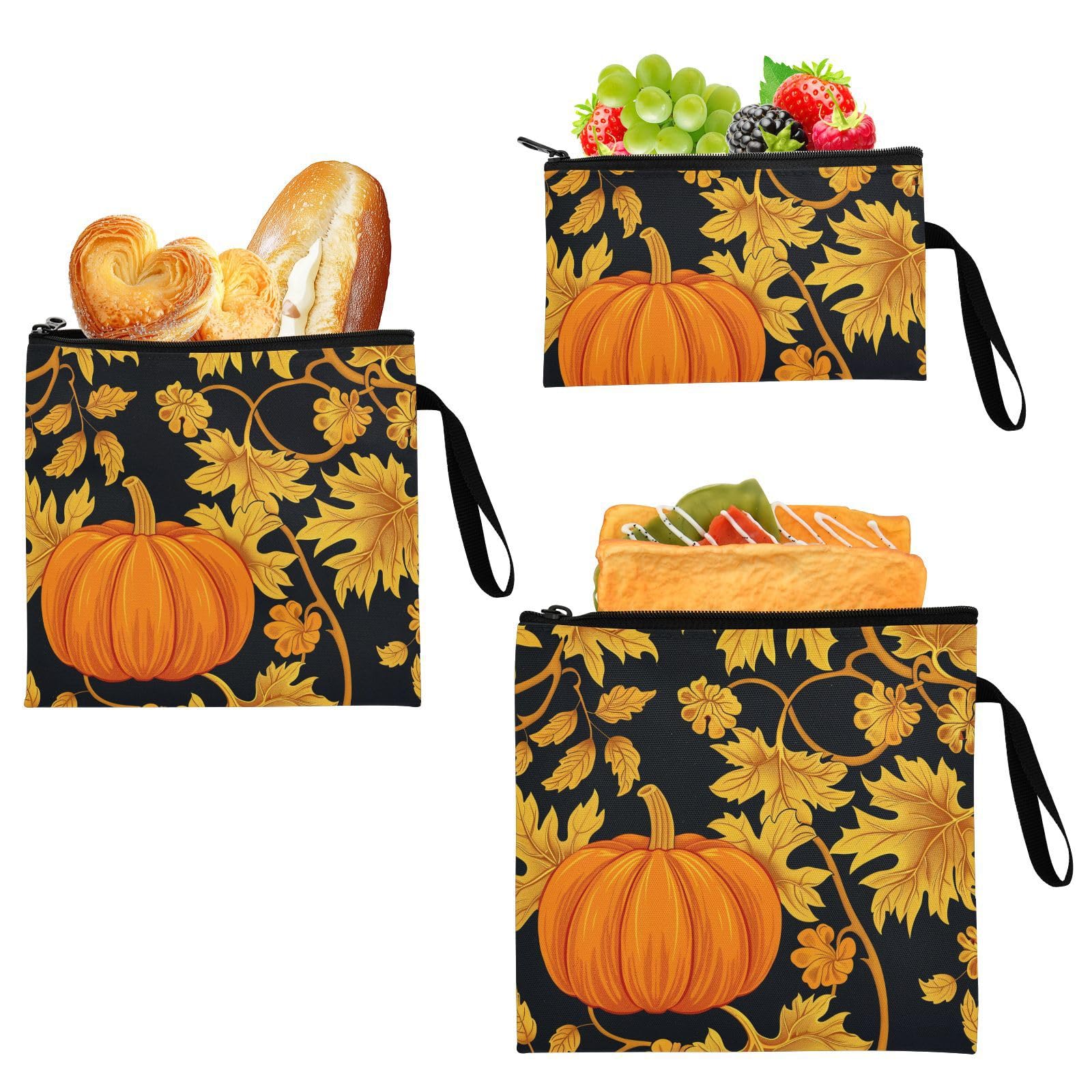 Autumn Pumpkin Gold Black 3-Pack Reusable Travel Snack Bags Portable Food Storage Bags for Camp Friends and Gear