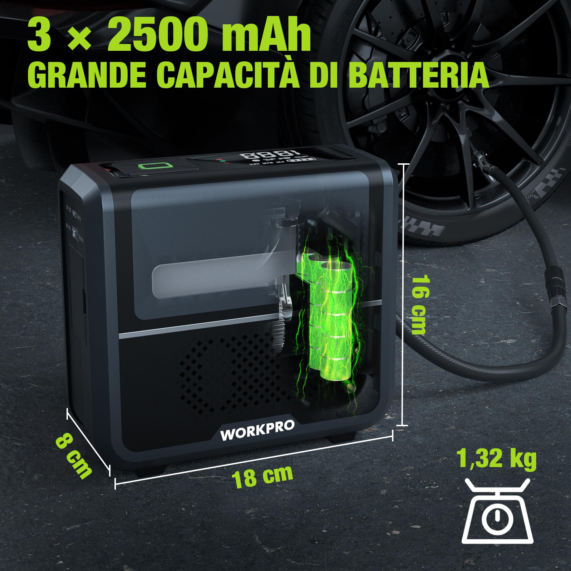 WORKPRO Compressore Aria Portatile 3-in-1 | con LED, Powerbank