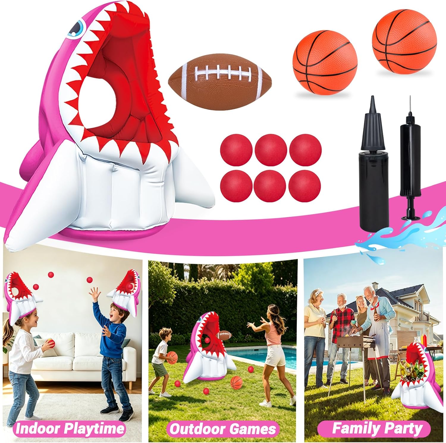 YongnKids Shark Pool Toy for Kids Ages 4-8, 3-in-1 Inflatable Pool Floats Games with Basketball Hoop & Football & Head Hoop Ball Toss Games -Outdoor Party Water Swimming Toys for Boy Girl Summer Gift