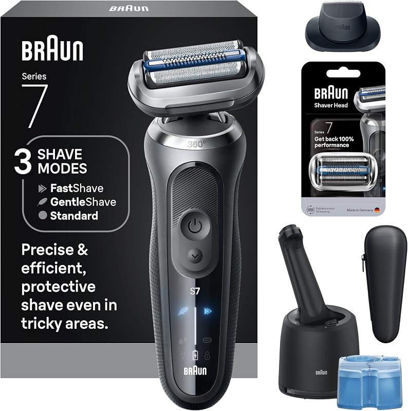 Series 7 Electric Shaver for Men, Wet & Dry Foil Razor, 4-in-1 SmartCare Clean & Charge Center, Precision Trimmer Attachment, Replacement Shaver Head, Travel Case, Grey 7187ps