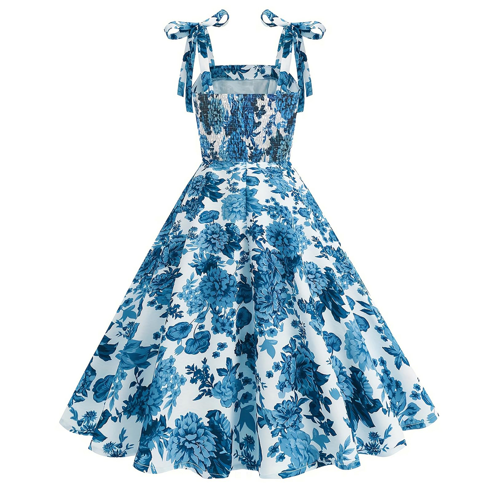 Odizli Robe d'été élégante rockabilly vintage années 50 - Bretelles spaghetti - Fleurs - Ligne A - Swing - Longueur genou