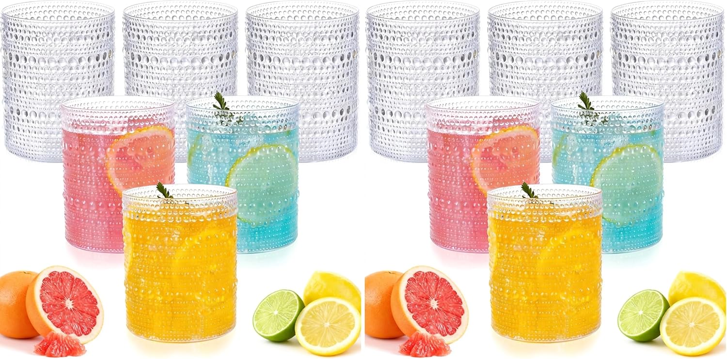 18PCS Plastic Hobnail Drinking Glasses - 14 Oz Clear Vintage Glasses Drinkware - Disposable Beaded Cups for Beer, Whiskey, Juice, Cocktail, Wine, Party (Pack of 2)