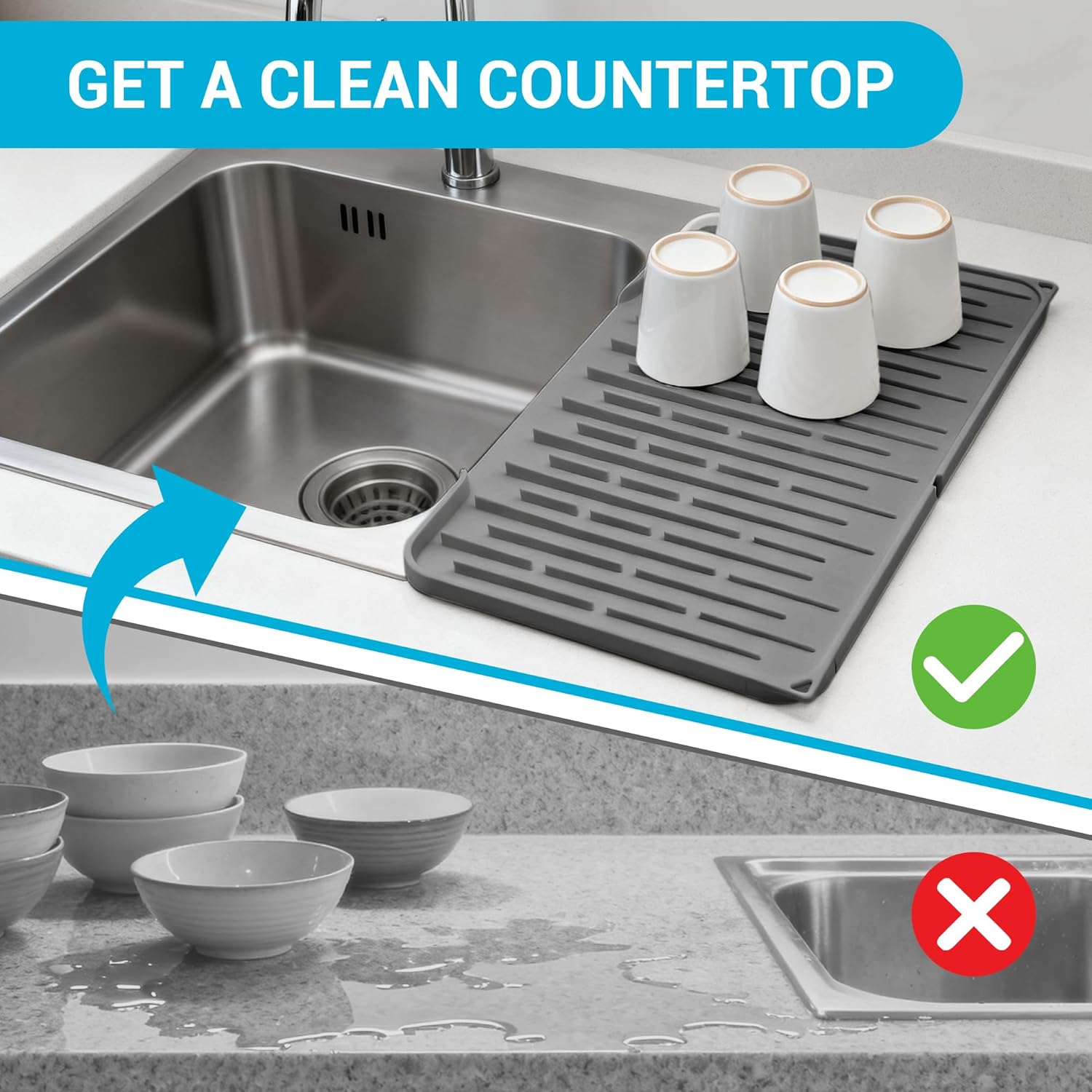 Silicone Dish Drying Mat for Kitchen Counter, Foldable & Heat Resistant Drying Pad with 5° Slope & Wide Drain, 15x12 Inch Non-slip Sink Mat for Bathroom and Countertop.(Dark Grey) - Image 6