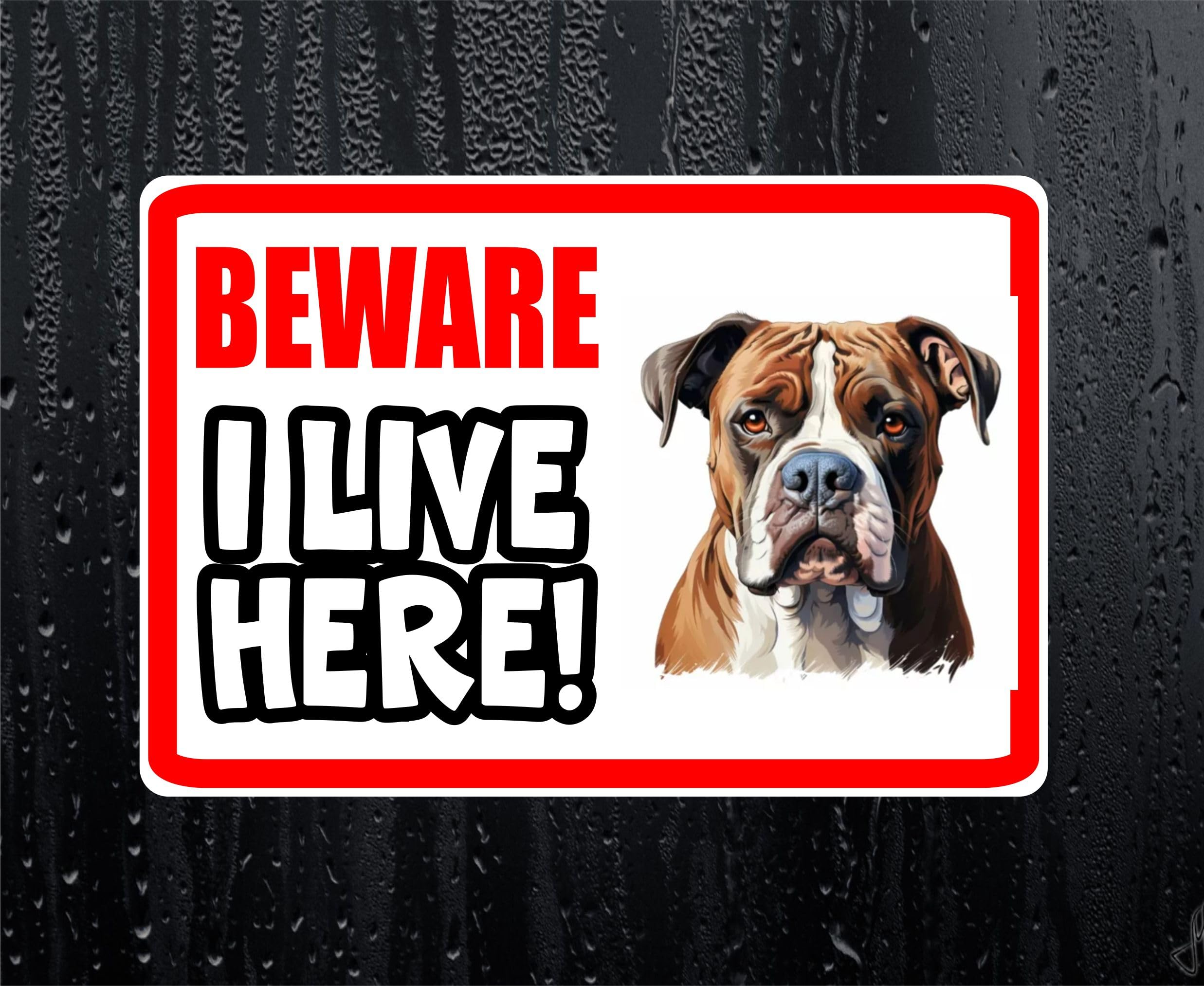 Decalarama Multicolor American Bulldog Sticker - Beware I Live Here - Cute House Home Window Door Porch Dog Warning Decal