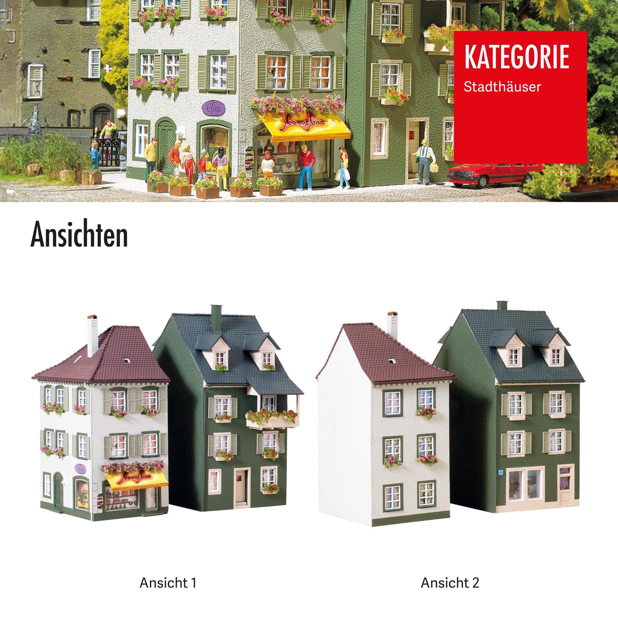 FALLER 2 Stadthäuser Modellbausatz mit 207 Einzelteilen 75 x 112 x 145mm, 68 x 91 x 134mm I Modelleisenbahn Zubehör H0 I Modelleisenbahn H0 Wohnhäuser, Divers