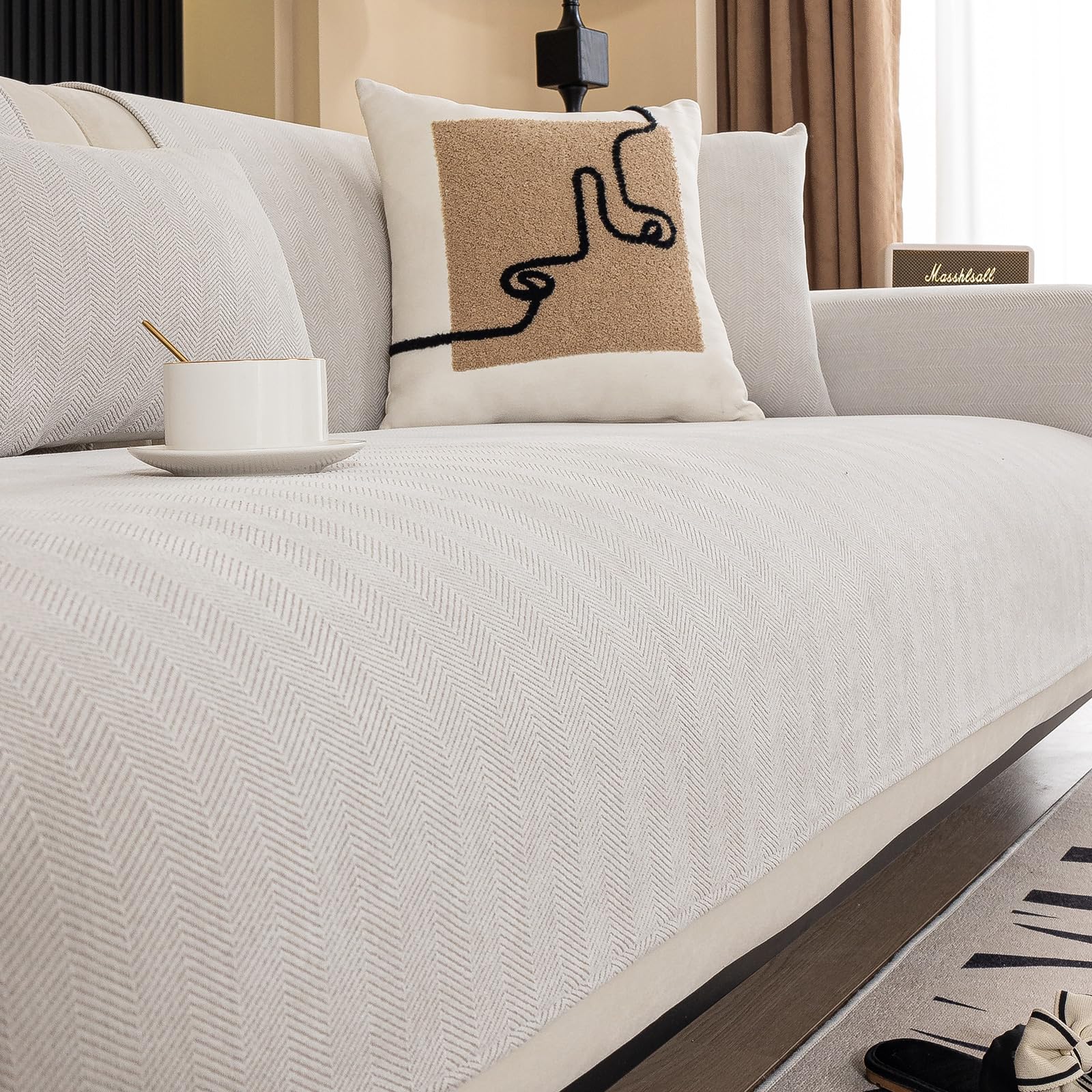 MDSASFD Chenille Sectional Sofa Couch Covers, Herringbone Couch Sofa Covers Washable for Dogs, Funny Fuzzy Couch Covers for Sofa Non Slip Protector, L