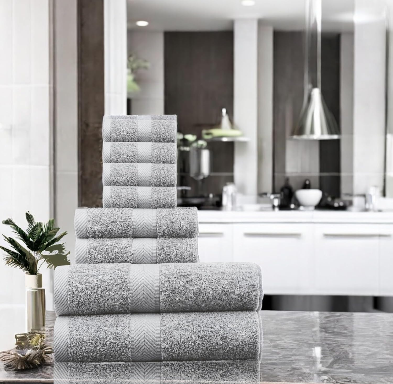 BY LORA Natural Terry Cotton Towels Sets, Bath Towels, Hand Towels and Washcloth Set - Silver, Set of 8