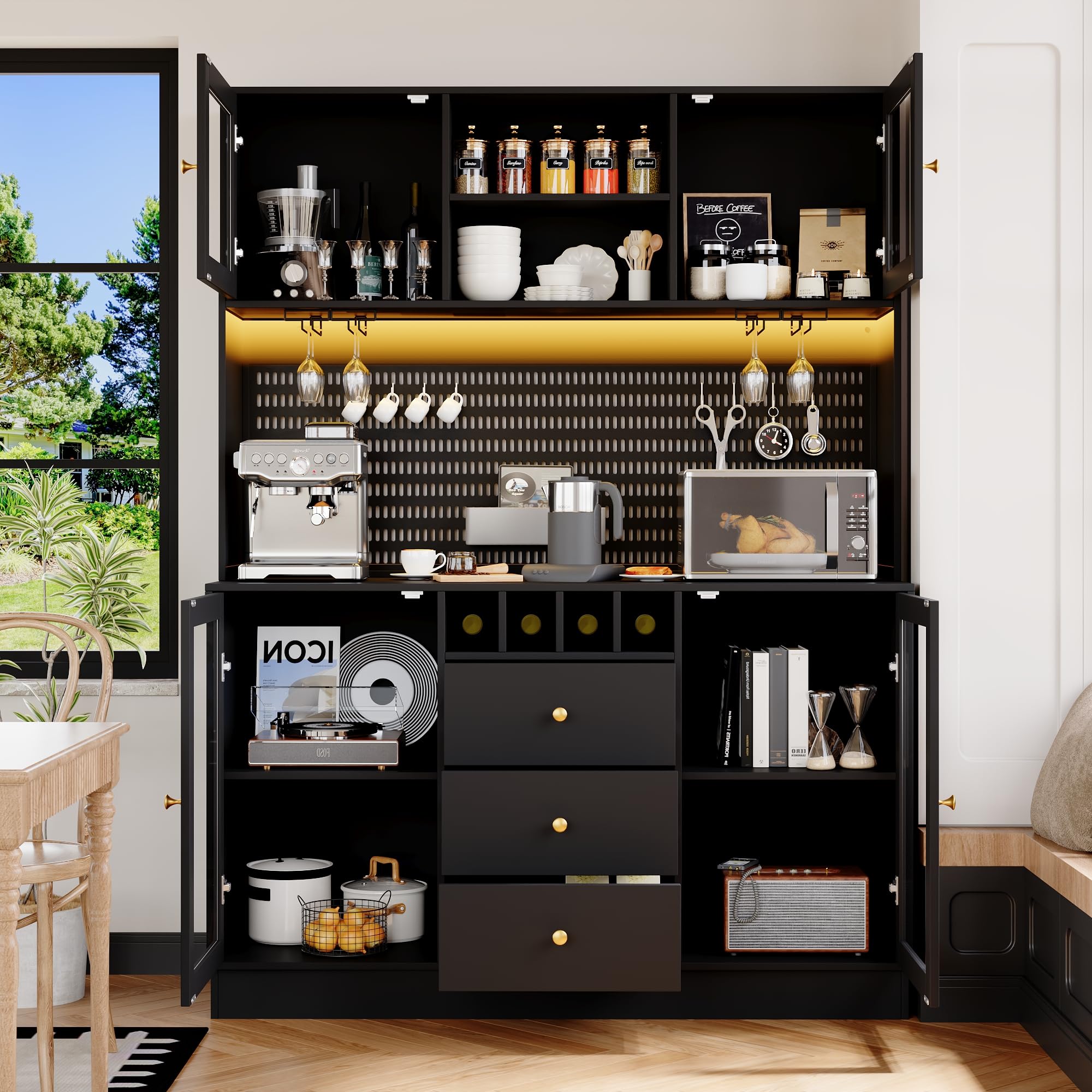 DRIXNO Hochschrank, Küchenschrank mit LED Beleuchtung, Buffetschrank mit Schubladen, Verstellbaren Ablagen, Esszimmerschrank, Seitenschrank mit Weinregal und Kippsicherung, 140x40x185.7 cm, Schwarz