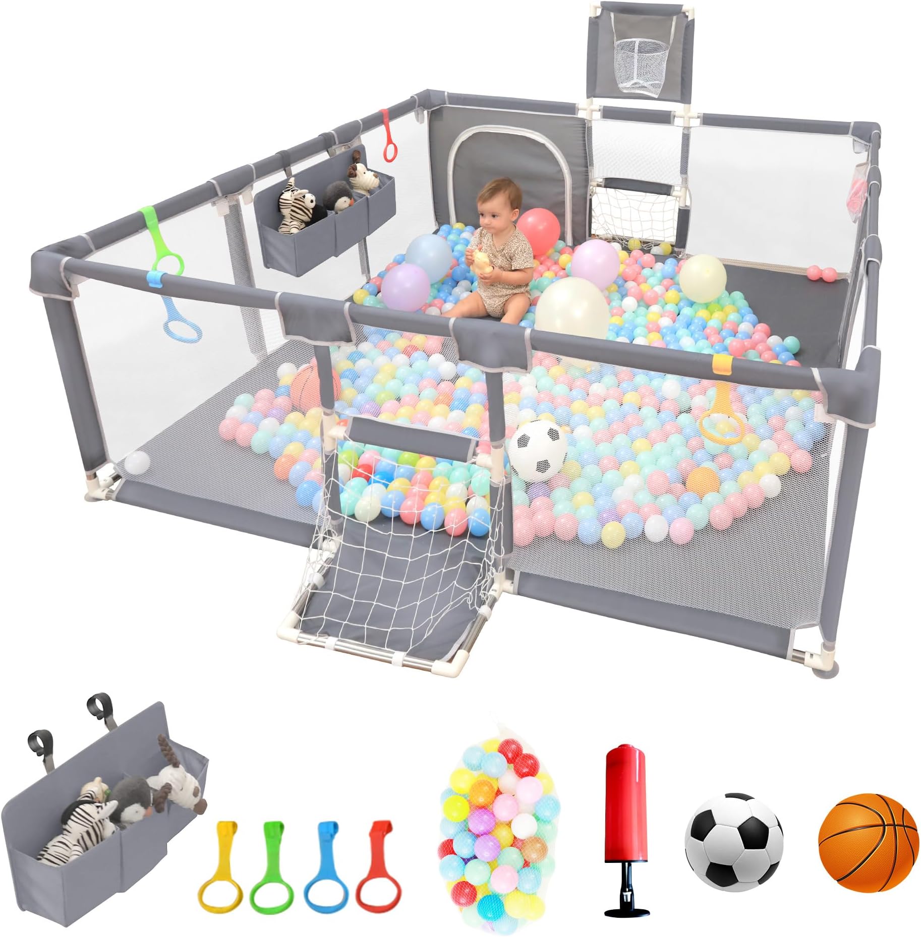 Baby Playpen,73''×71'' Playpen for Babies and Toddlers, Large with Breathable Mesh,Safety Basketball Hoop Football Nets Indoor & Outdoor Activity,Grey,73''X71'',(TB-N04N-BJ4H)